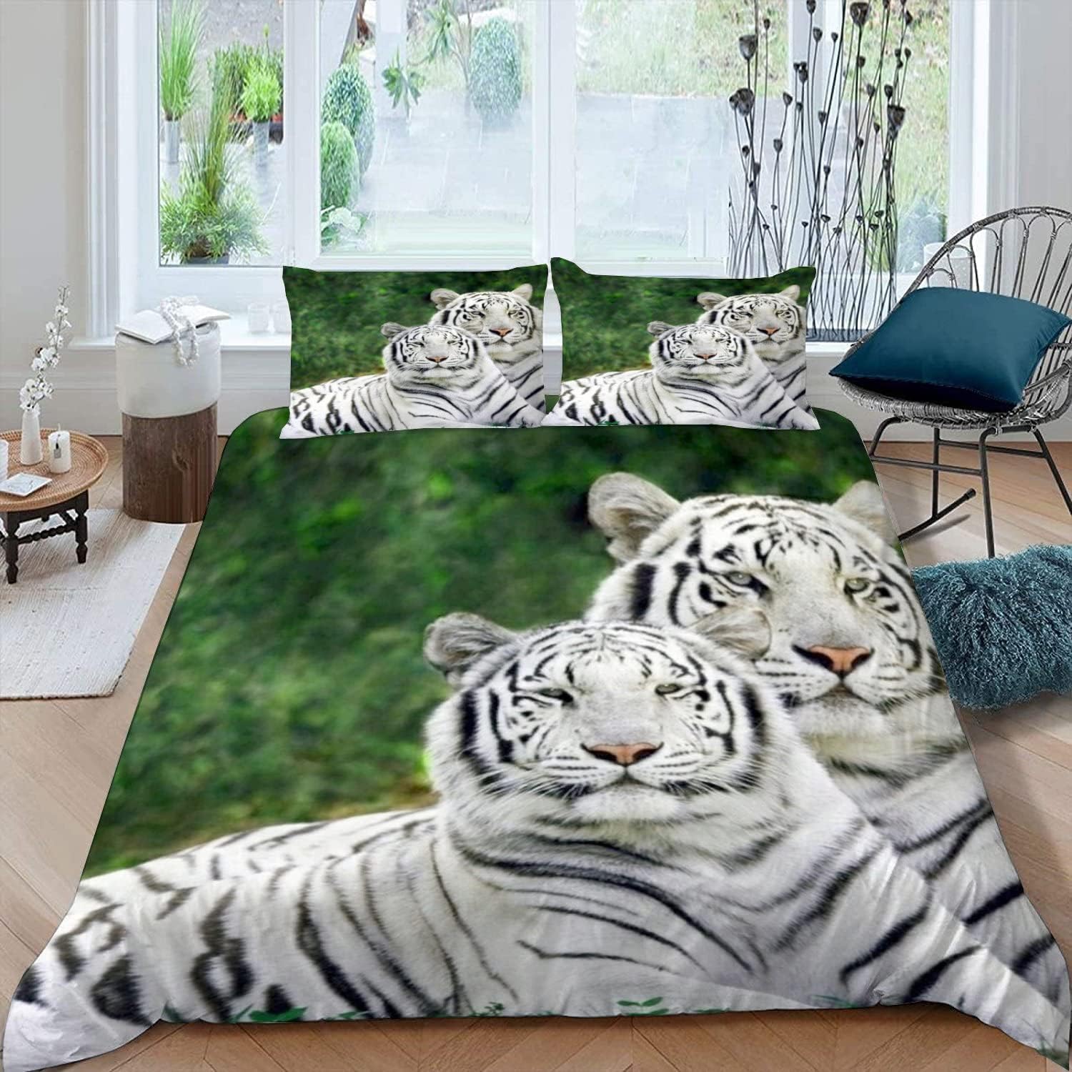 MEVASA Tiger Bedding Double Bed Set Microfiber Teenager Bedding Forest Animals 3D Bedding Set for Small Double 3Pcs Anti Allergic Double Duvet Cover Set with Zipper /200x200