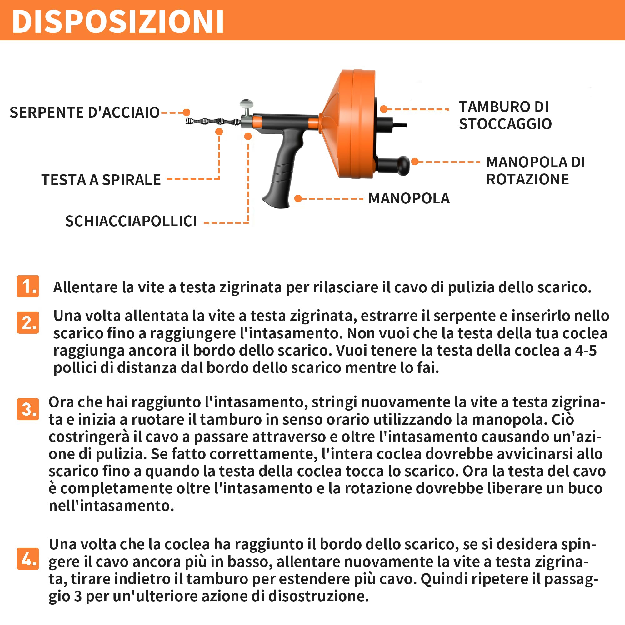 BACOENG Sonda Sturatubi 15 M, Molla Sturatubi Professionale per Lavandini e Scarichi, Sonda Idraulica Flessibile per Cucina, Bagno, WC, Arancione