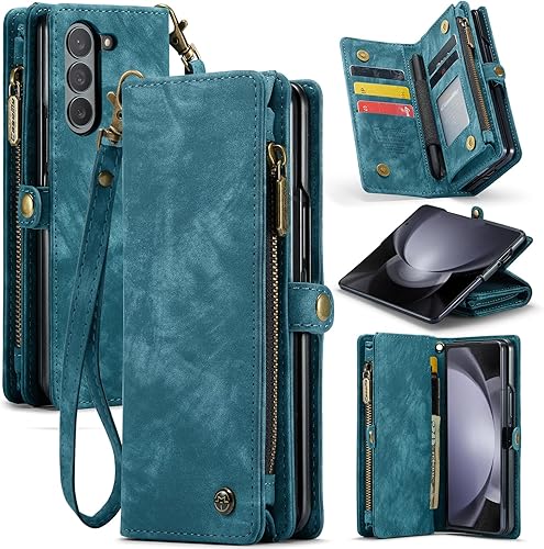 Kowauri Funda para Samsung Galaxy Z Fold 5, con cremallera, magnética, de piel, con soporte para bolígrafo S, correa de muñeca, tarjetero a prueba
