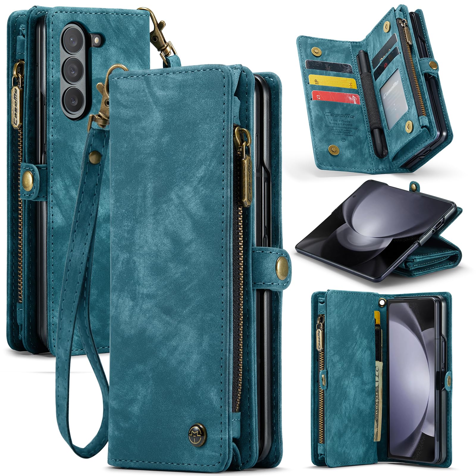 Kowauri for Samsung Galaxy Z Fold 5 Case,Zipper Purse Magnetic Folio Leather Wallet Case with S Pen Holder Wrist Strap Card Holder Shockproof Protective Cover for Samsung Galaxy Z Fold 5 5G (Blue)