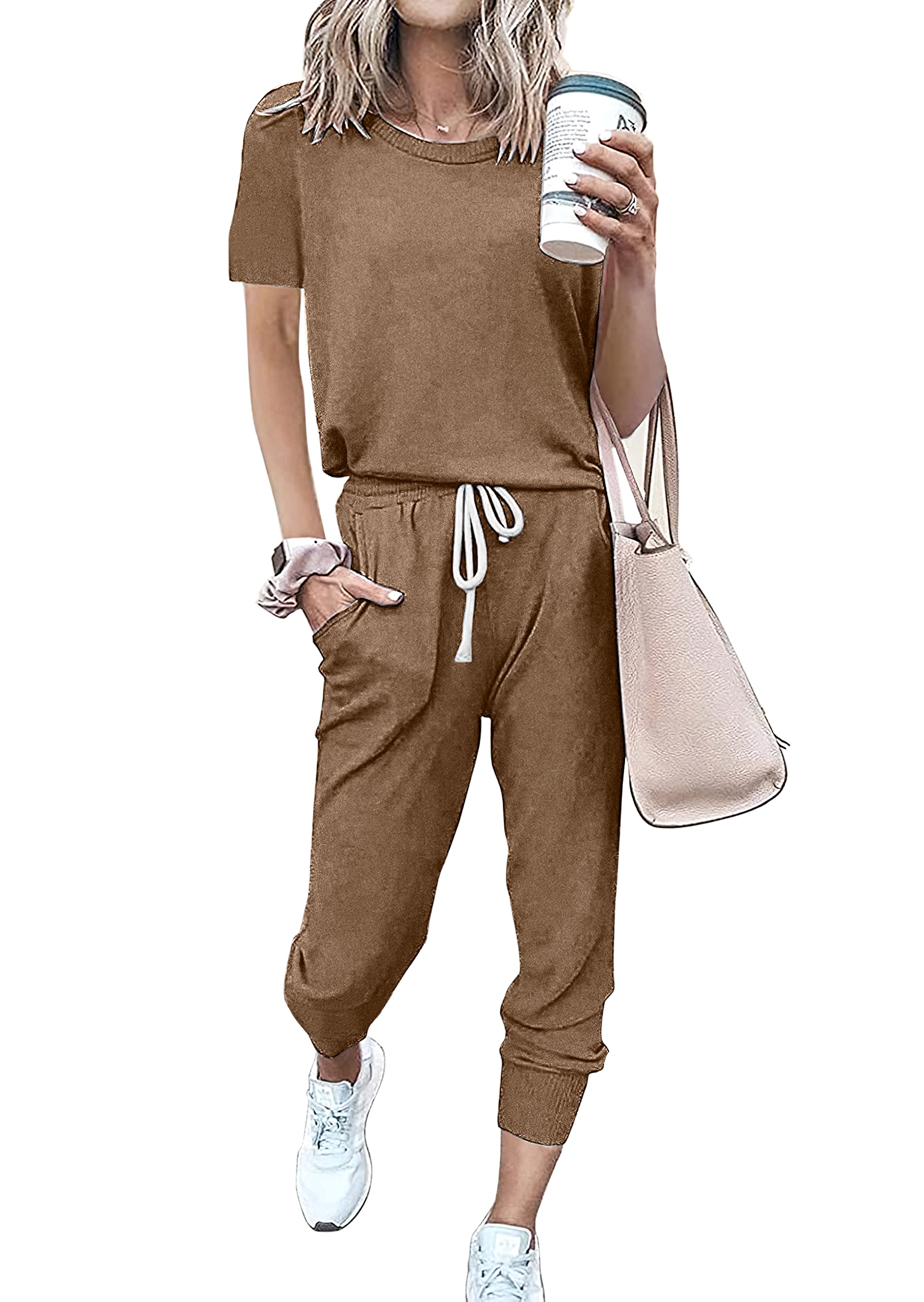 PRETTYGARDEN Women Summer Two Piece Outfits Striped Short Sleeve Pullover and Long Pants Tracksuit Travel Pajama Lounge Set