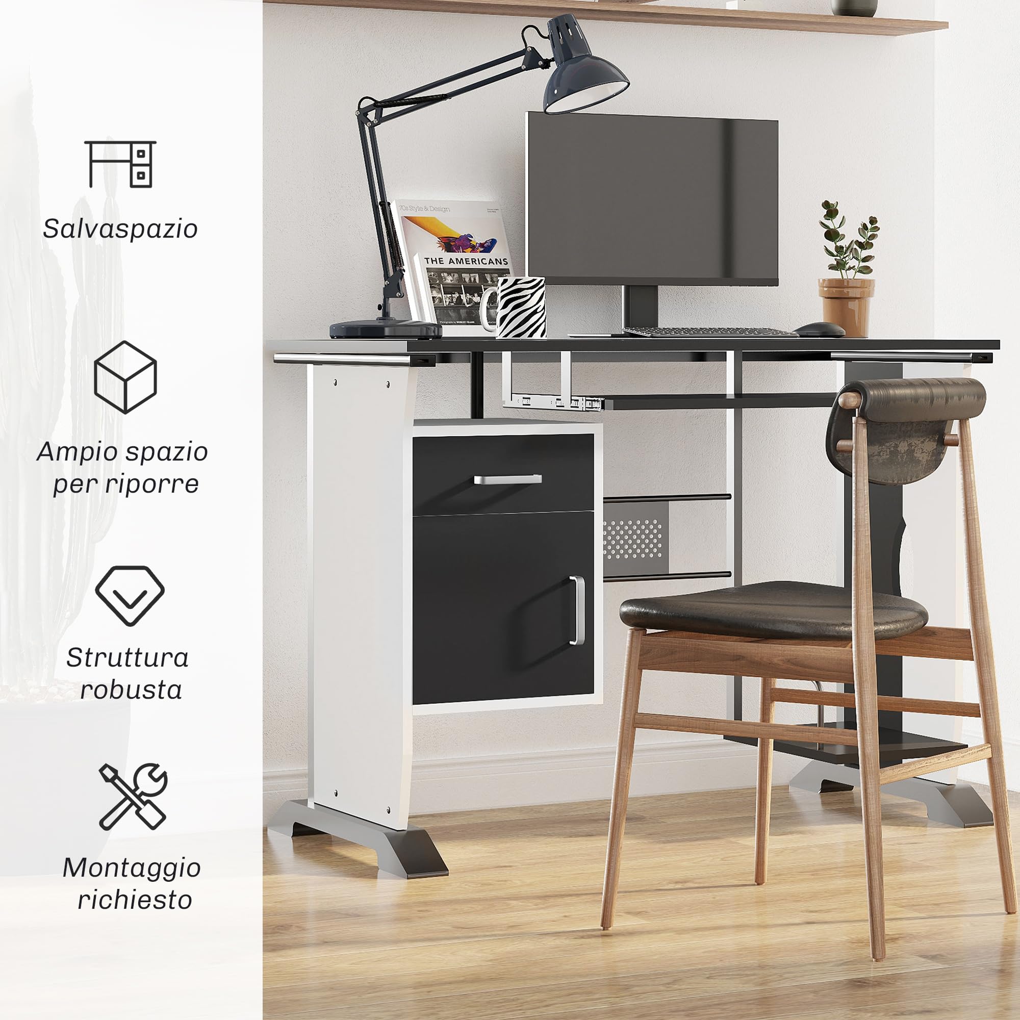 Vinsetto Scrivania per Computer MDF e Metallo 100x52x75 cm Bianco e Nero | Scrivania PC, Ripiano per Tastiera, Armadietto, Cassetto