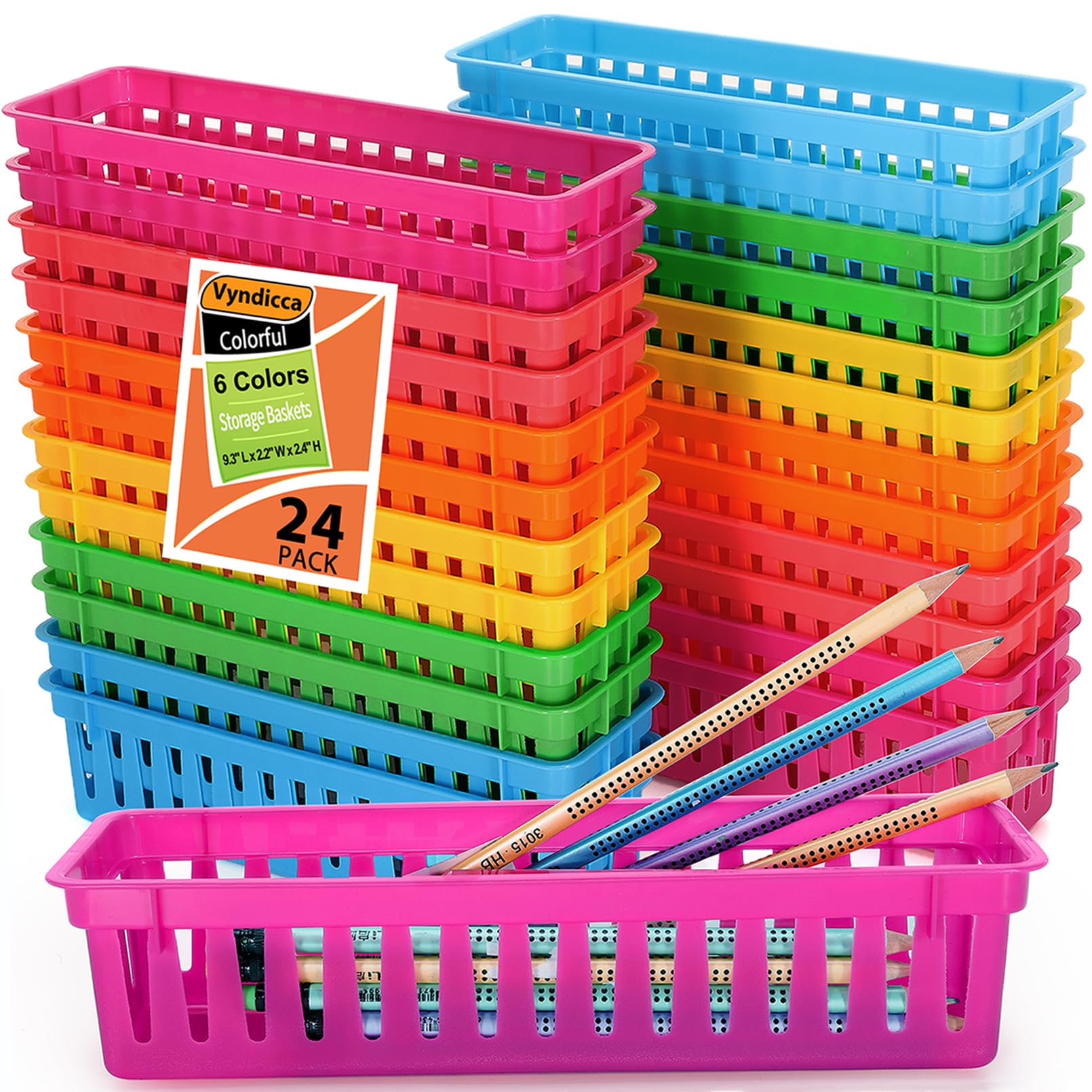 Lot de 24 paniers à crayons en plastique pour salle de classe, petits pots à crayons colorés pour salle de classe, maison, bureau, organisation, 23,6 x 5,6 x 6,1 cm (L x l x H)