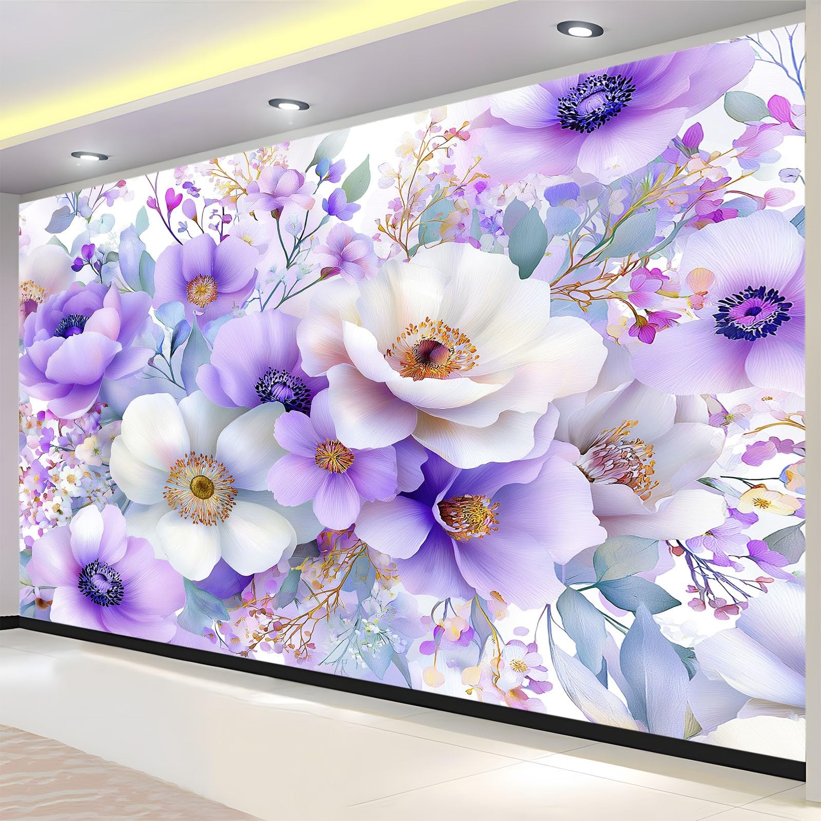 Générique Panoramiczna tapeta sztuka kwiaty piwonie stokrotki 3D 300 x 210 cm, włóknina XXL nowoczesna dekoracja ścienna salon sypialnia biuro pokój dziecięcy, biała