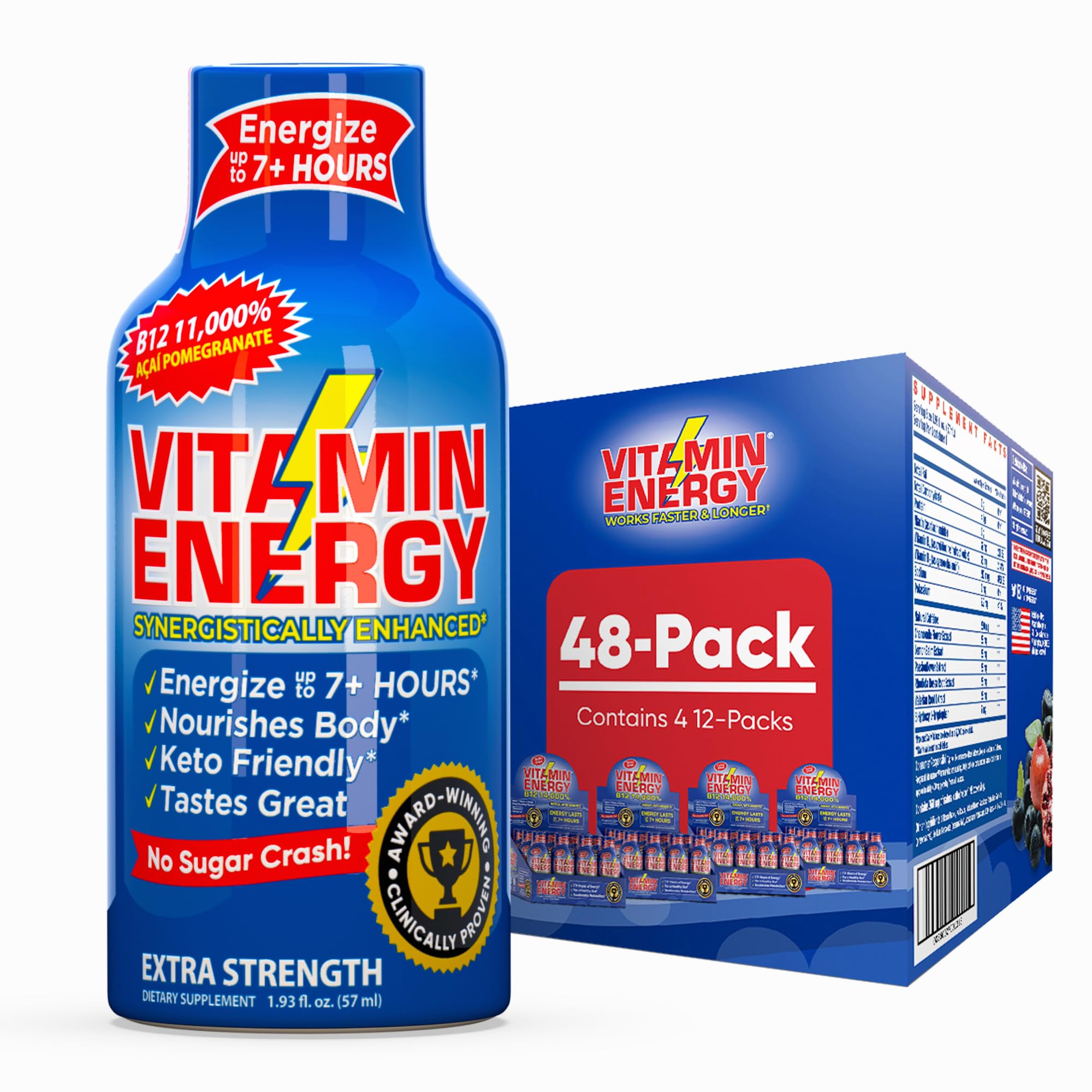Vitamin EnergyVitamin Energy B12 11,000% Extra Strength Energy Shot Açaí Pomegranate 48 Pack, 260mg Natural Caffeine, B12 & B6, Nootropic Focus, Vitality, Zero Sugar, Gluten-Free, Vegan, Kosher, 1.93 fl oz