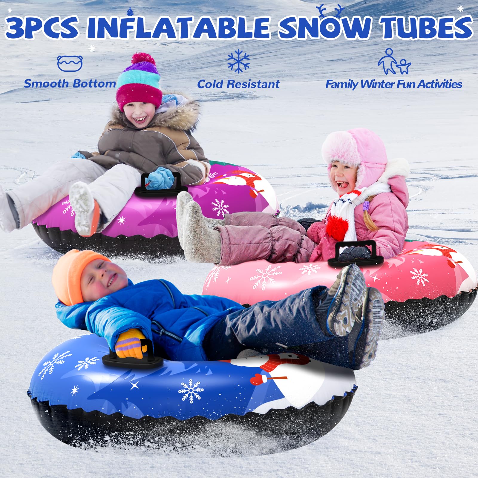 Menmek Snow Tube, 36‘’ 3Packs/4Packs Snowman Snow Tubes for Kids & Adults, Durable Cold-Resistant PVC Inflatable Snow Sled, Heavy-Duty Hard Bottom & Handles, Perfect for Family Boys Girls Sports Fun