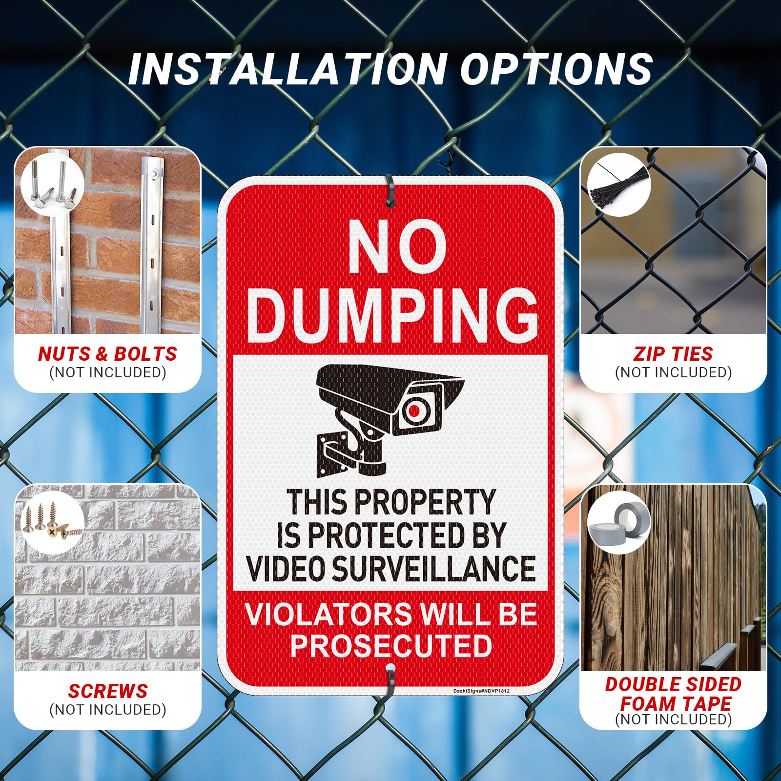 Letrero de no dumping con texto en inglés "No Dumping Property Protected By Video Surveillance", paquete de 2 unidades, 18 x 12 pulgadas, aluminio reflectante de grado ingeniero, resistente a la