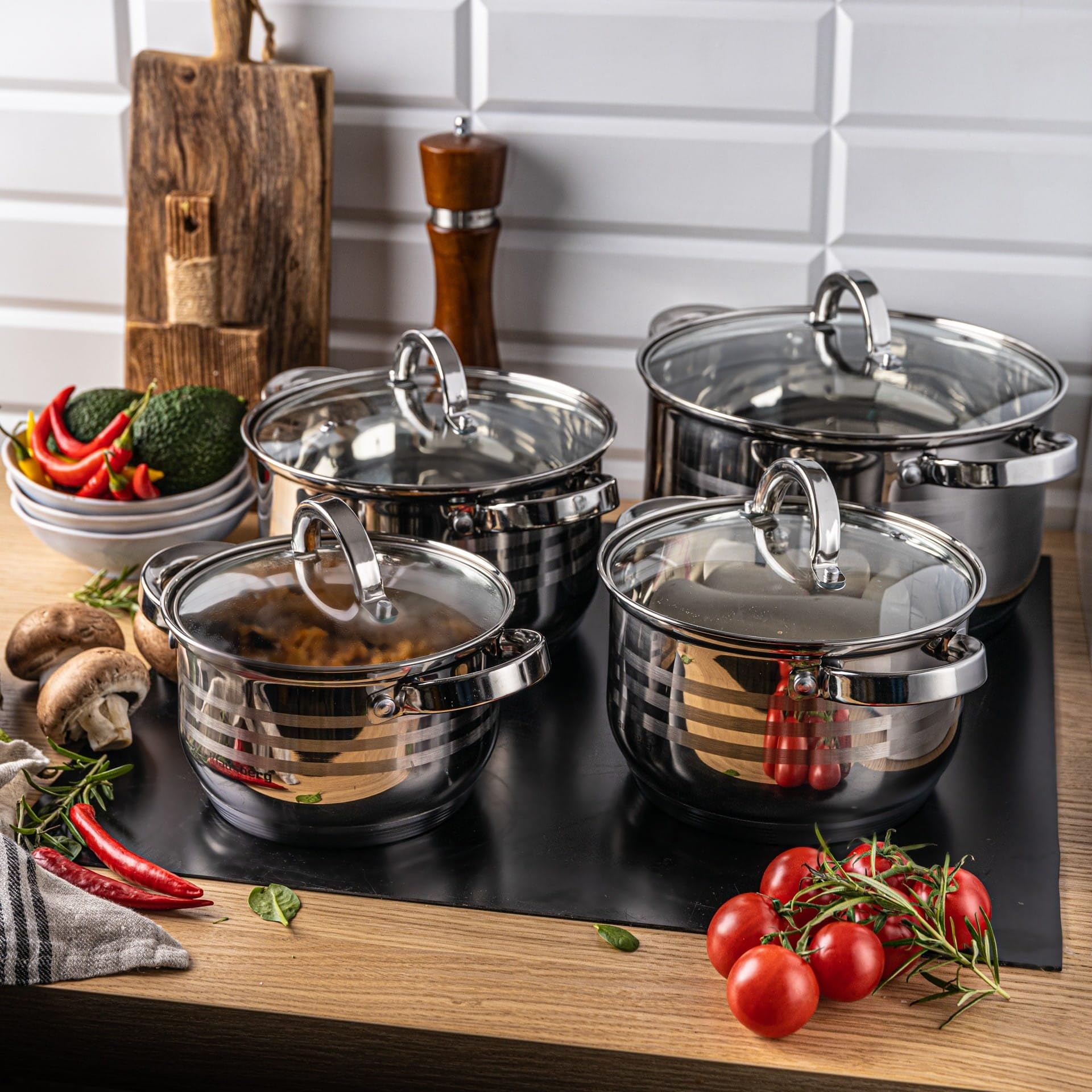 8-teilig Edelstahl Kochtopf Set Topfset mit Glasdeckel Topfe Induktion KLAUSBERG KB-7694