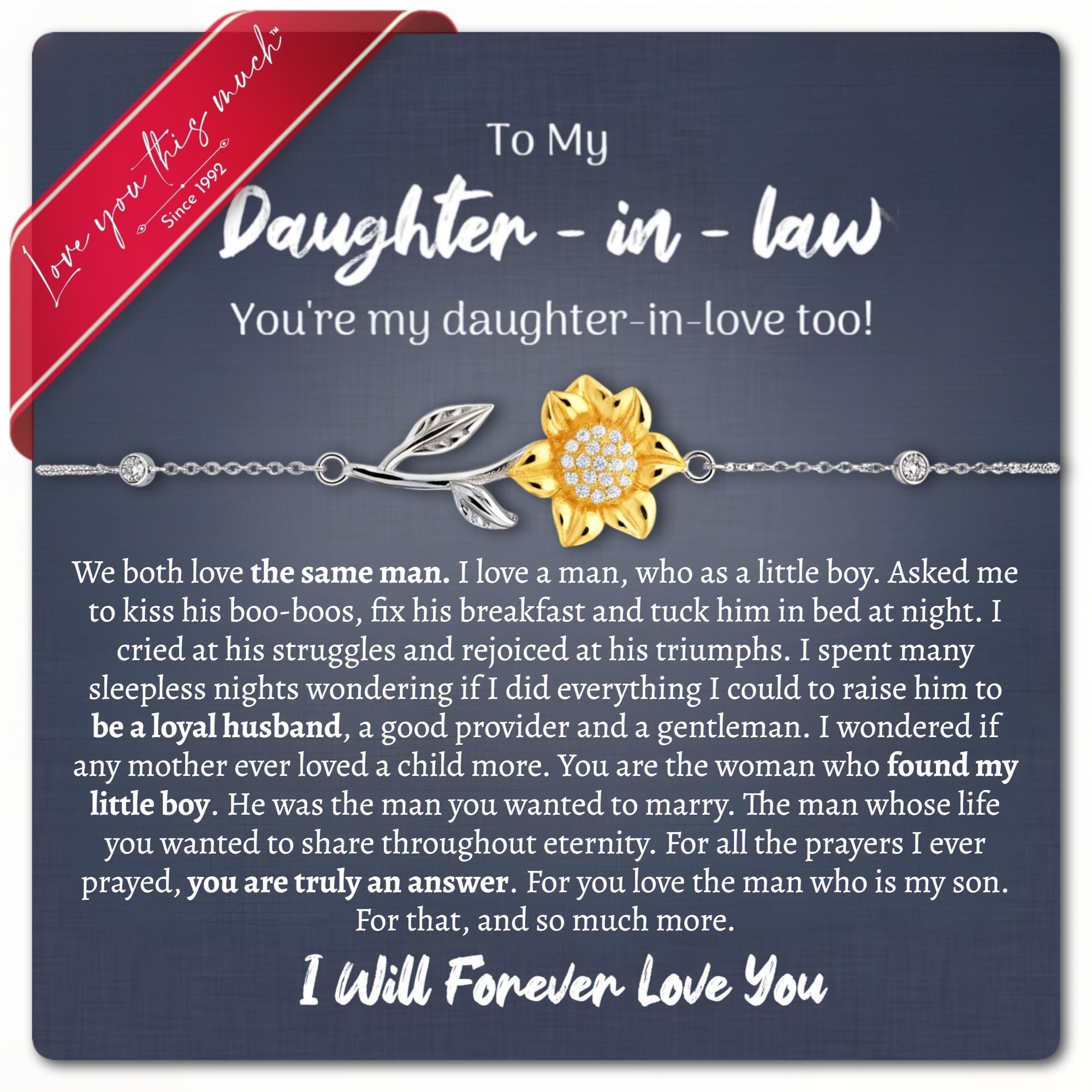 Love You This Much Daughter In Law 18k Gold Plated Sunflower Necklace | Future Daughter in Law Birthday Gifts from Mother in Law | 16-18" Adjustable | Luxury Gift Box