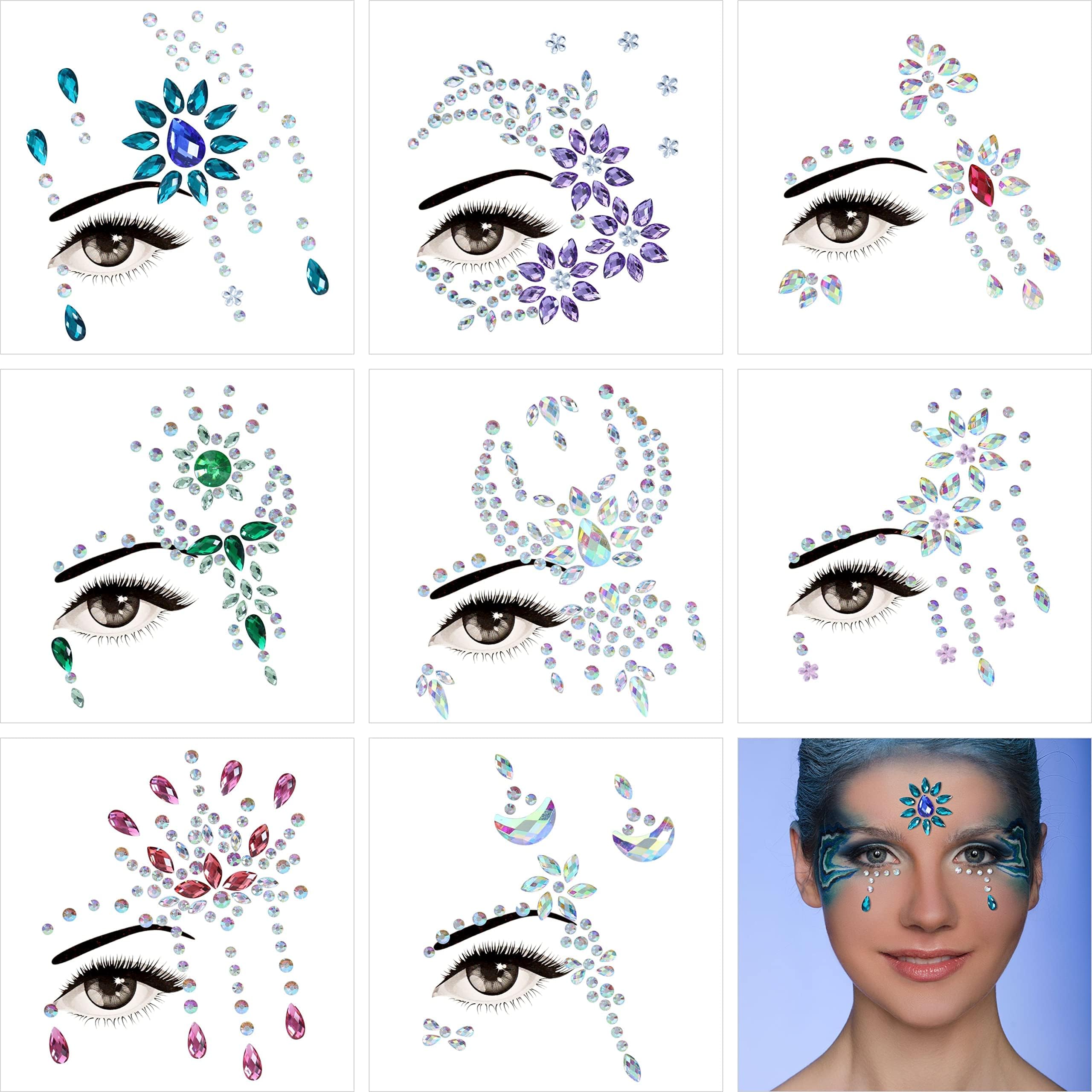 Face Gems, 8 Sets Stick-On Face Jewels, Rhinestones for Eyes and Body, Rave Outfits, Euphoria Fairy Makeup, Festival, Costume, and Party Accessories