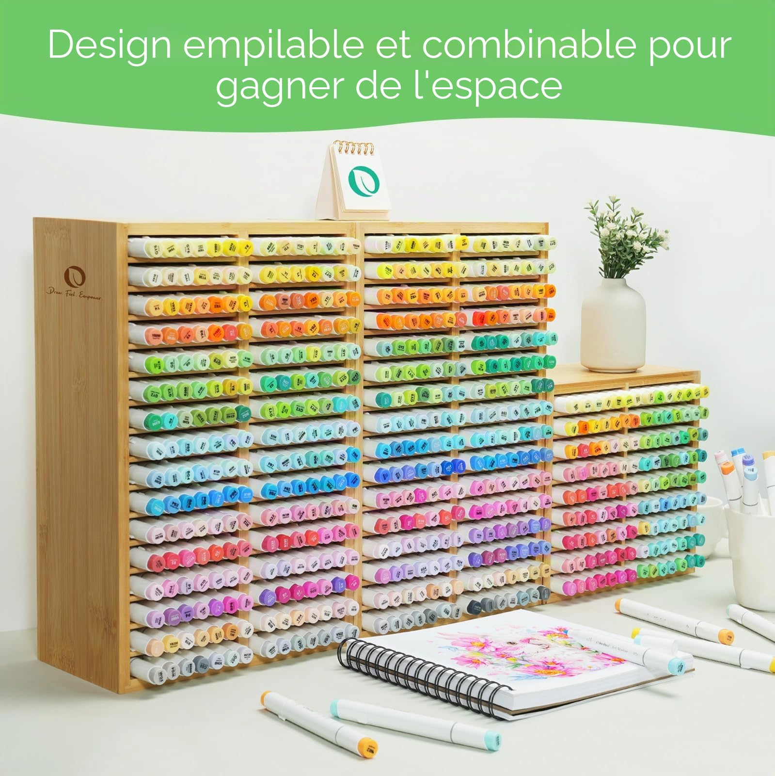 Ohuhu Organiseurs de marqueurs en bambou, Rangement Bureau en bois Tenir 224 marqueurs, Stylos Crayons Etuis Organiseurs multimédia avec 32 compartiments pour la maison Salle de classe Bureau