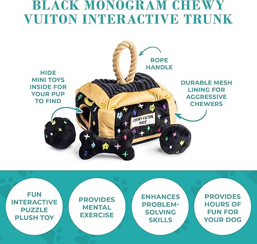 Miniatura 6 de Haute Diggity Dog Baúl interactivo de monograma negro Chewy Vuiton, juguetes de peluche para perros con chirriador interactivo, estimulante para el