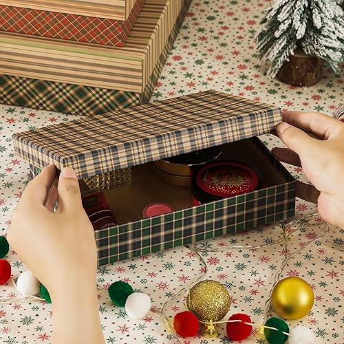 Miniatura 6 de Soul & Lane Cajas decorativas de Navidad con tapas, juego de 4, cajas de regalo navideñas a cuadros con cinta en verde y rojo, reutilizables,