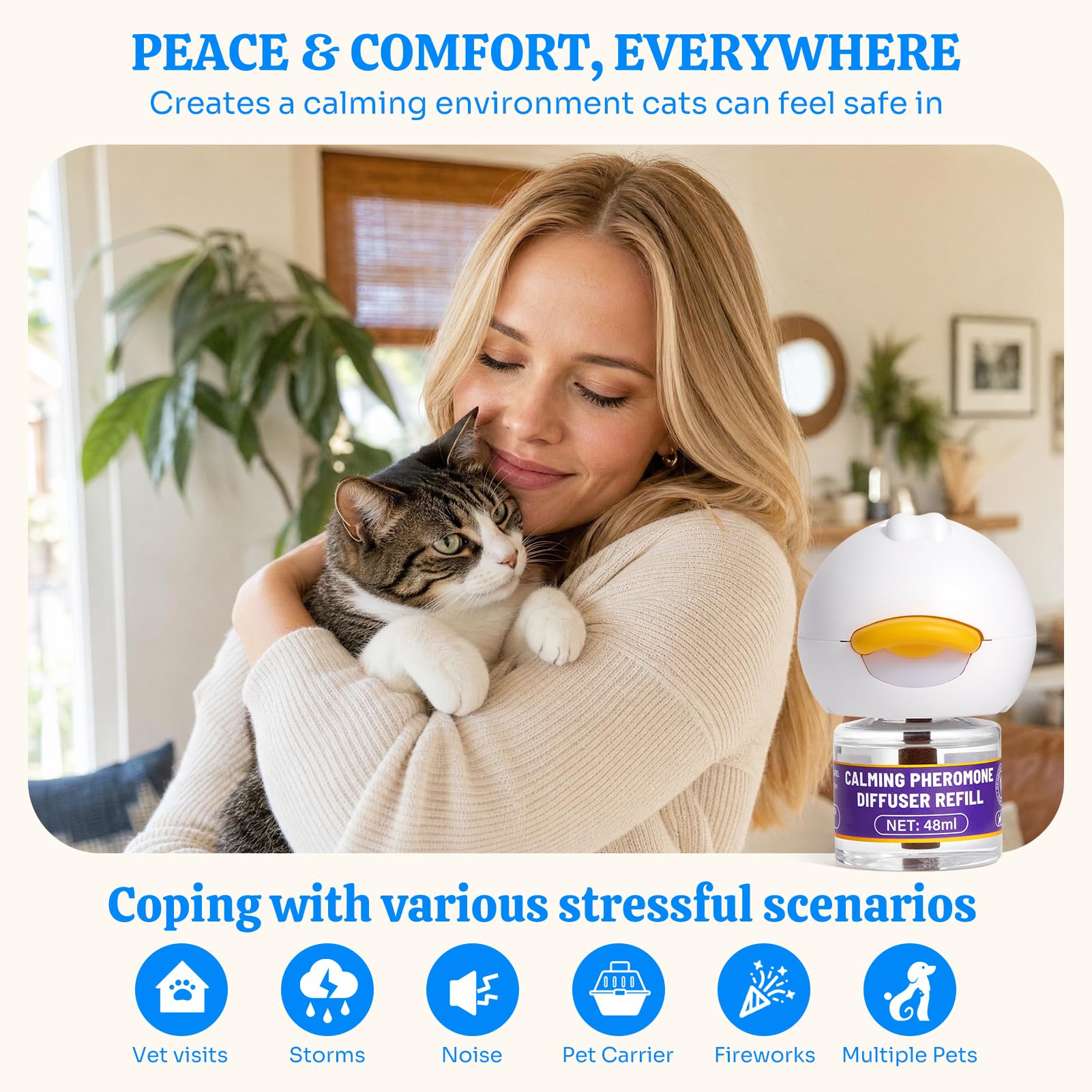 Difusor calmante para gatos de interior: soporte calmante inspirado en feromonas que ayuda a promover un comportamiento relajado y comodidad emocional, difusor enchufable sin medicamentos para uso