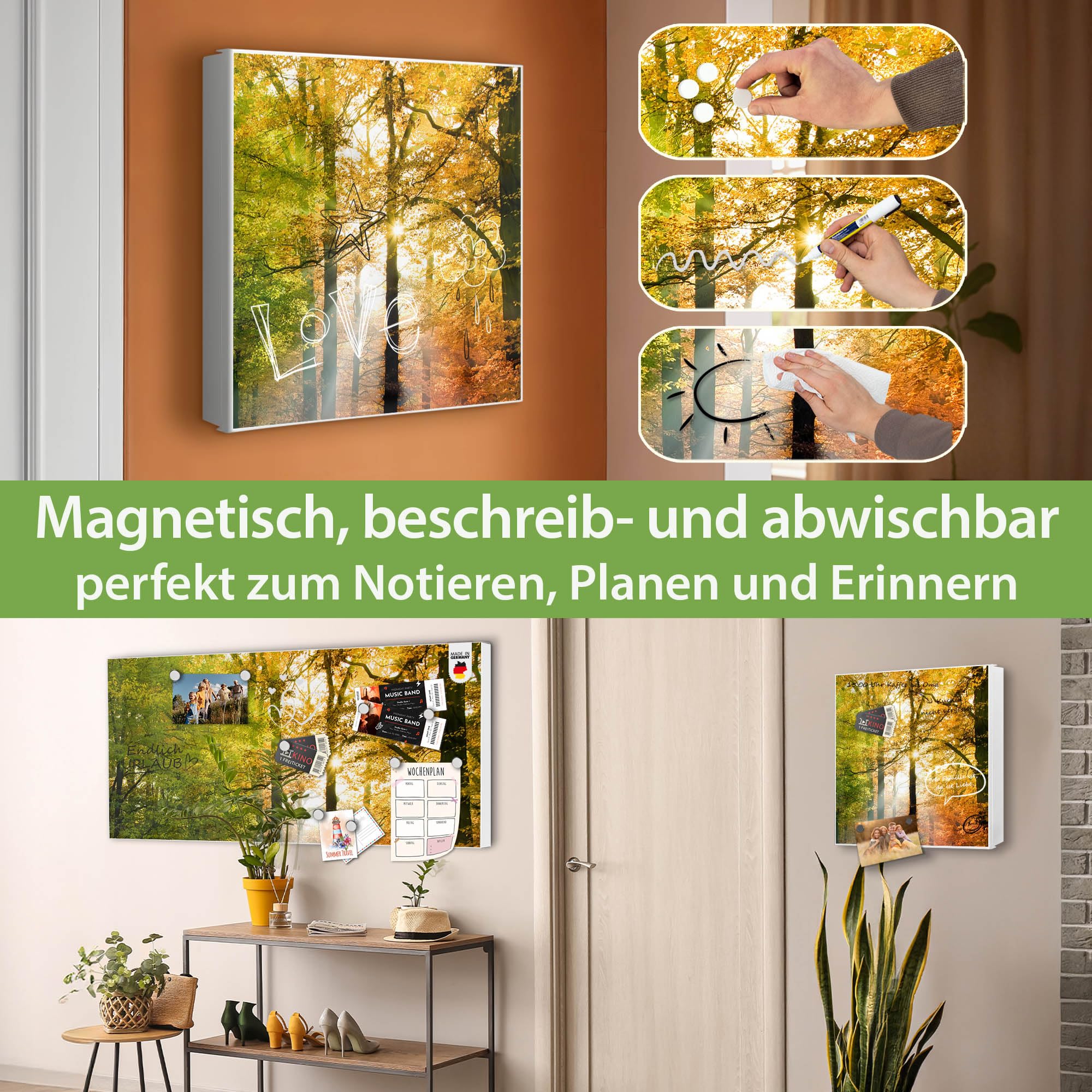 banjado Großer Schlüsselkasten Metall - Schlüsselbox 30x30cm beschreibbarer mit 32 Haken - Schlüsselkasten modern für Schlüsselaufbewahrung - Korpus Weiß Scharnier Rechts - Motiv Herbstwald