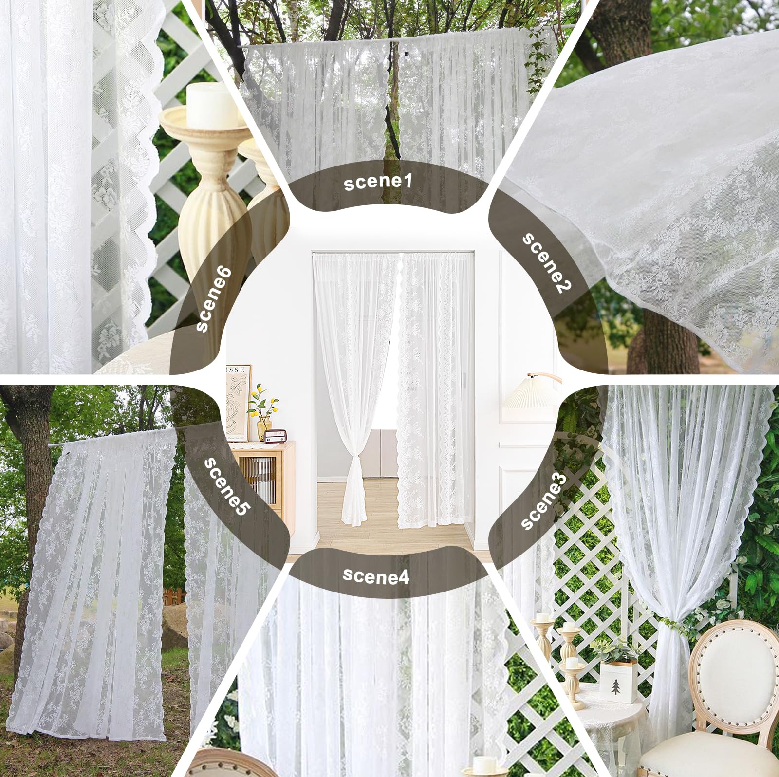 Set di 2 tende in pizzo bianco, ricamate con fiori, in voile, 150 x 200 cm, vintage, in voile ricamato, trasparenti, per camera da letto, soggiorno, terrazza, matrimonio