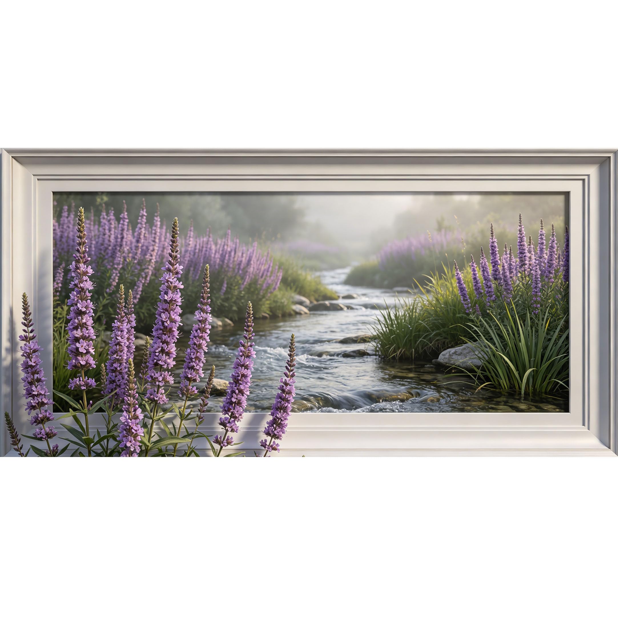 Agglomerix 3D Framed Wall Art Purple Loosestrife Wildflower Landscape River Water Stones Nature Botanical Large Size SelfAdhesive Removable Wall Decor Prints Artwork for Living Room Bedroom Office