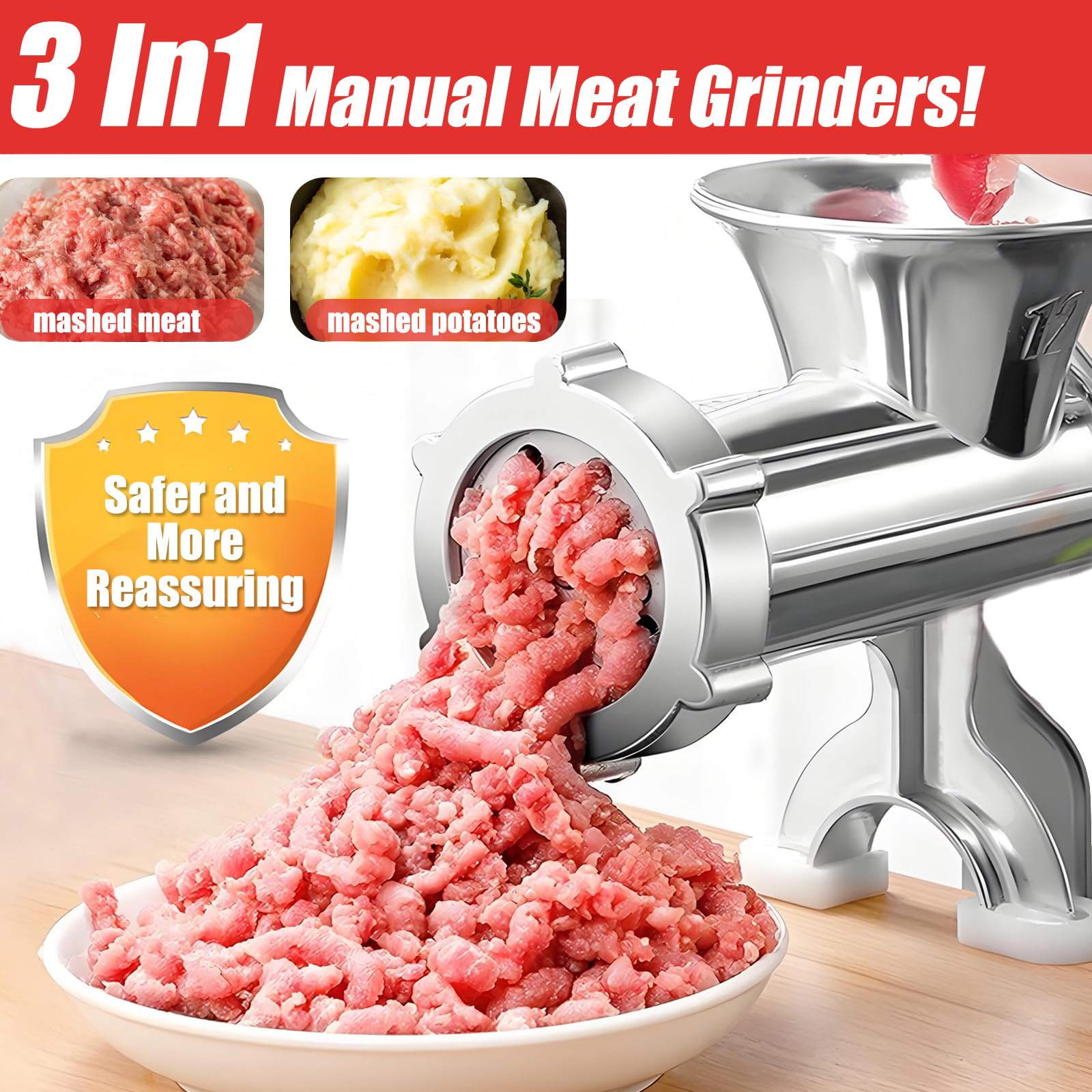 Meat Grinder Manual Mincer - 3 In1 Manual Meat Grinder Sausage Maker Meat Grinders For Home Use Fast And Effortless For All Meats Silver (#10)