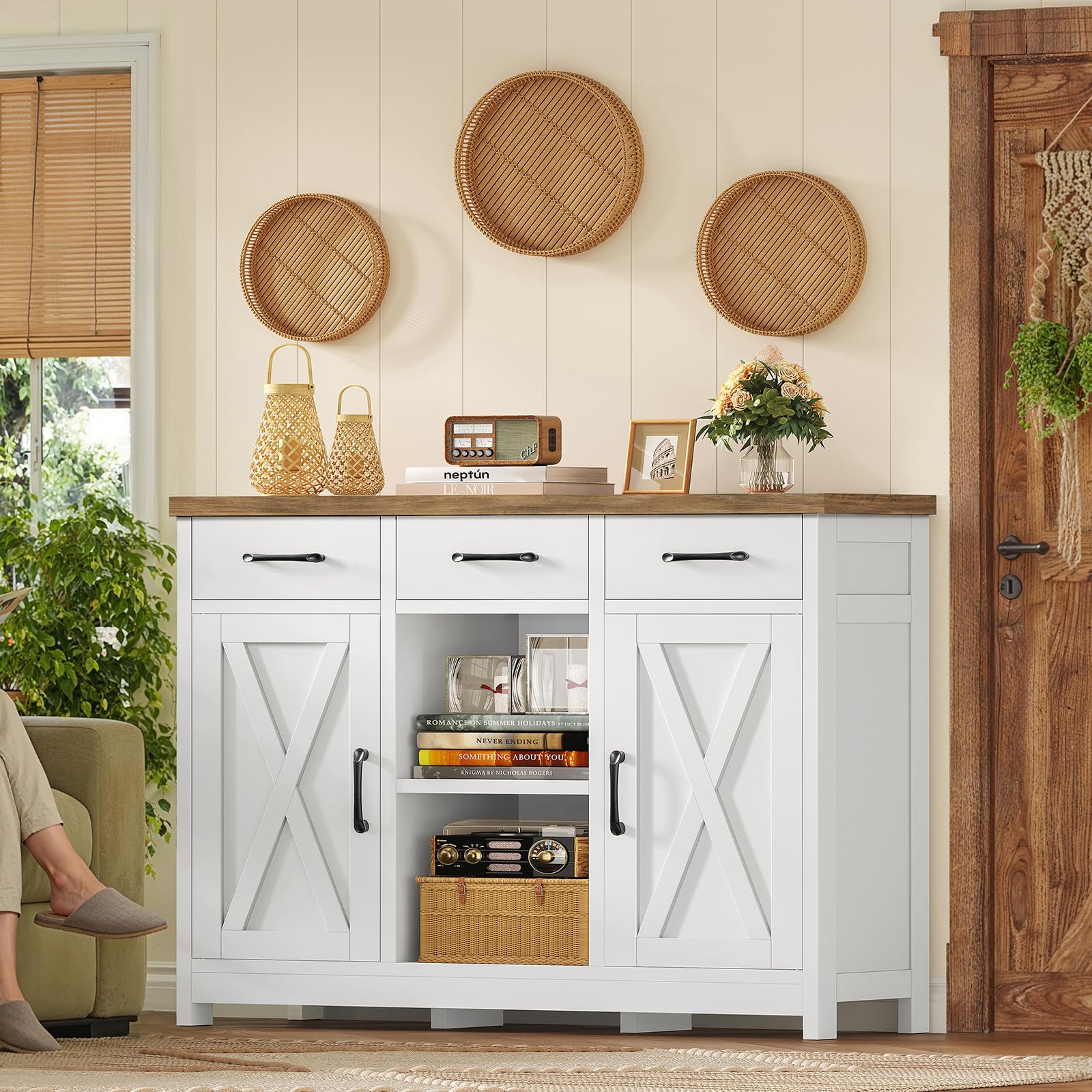 TEENFON Sideboard mit 2 Schränken, Sideboard Küchenschrank mit Arbeitsplatte, Buffetschrank mit 3 Schubladen & Verstellbaren Regalen, Küchenzeile für Küche, Wohnzimmer & Flur - 90 x 30 x 80 cm - Weiß