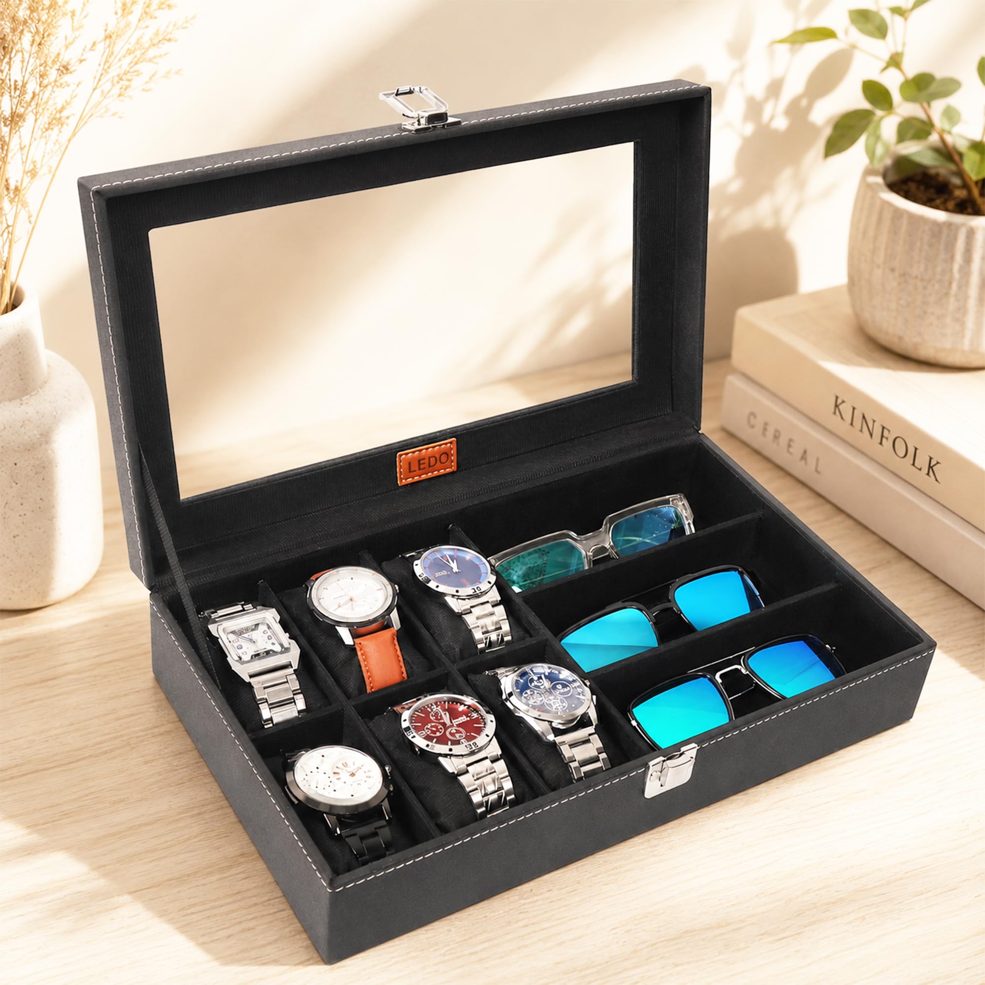 LEDO Watch and Sunglasses Storage Box Organizer Holder Case, 6 Watch Slots and 3 Sunglass Compartments, Black PU Leather Display Case with Transparent Display