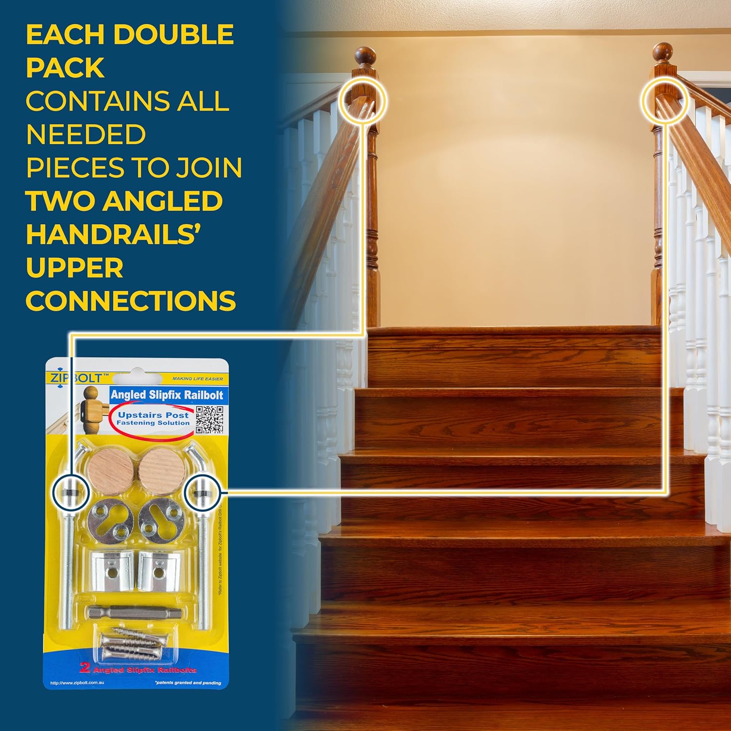 Zipbolt 13.960 Angled Slipfix Railbolt — Angled Handrail to Newel Post Connector for Upper Connection, Easy Residential and Commercial Installation, New Construction and Remodels