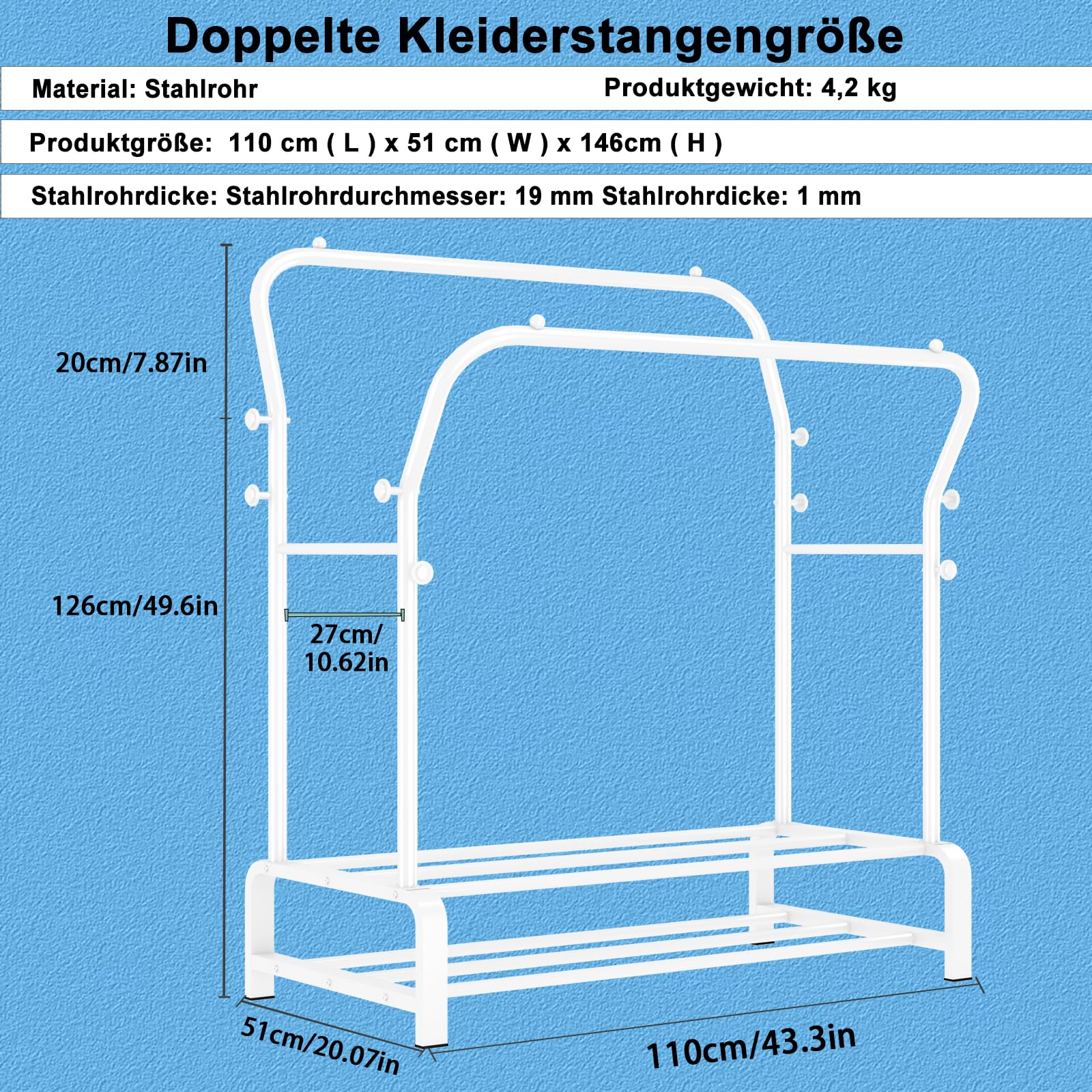 OPPAIYA Schwerlast Kleiderständer & Garderobenständer mit Doppel-Kleiderstange und 8 Haken, Stabiler Metall Kleiderwagen mit breiter Bodenablage, Für Schlafzimmer oder Flur – 110×51×145 cm, Weiß