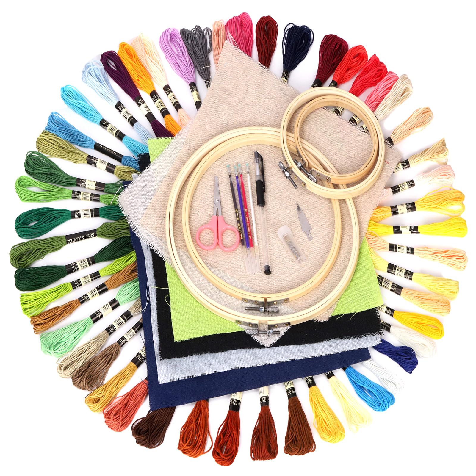GLARKS 78pcs Linen Fabric Embroidery Set Includes 50pcs Stitch Embroidery Thread 6pcs Embroidery Linen Cloth 6pcs Bamboo Circle Cross Stitch Hoop 10pcs Sewing Needles and 6pcs Tailoring Tools