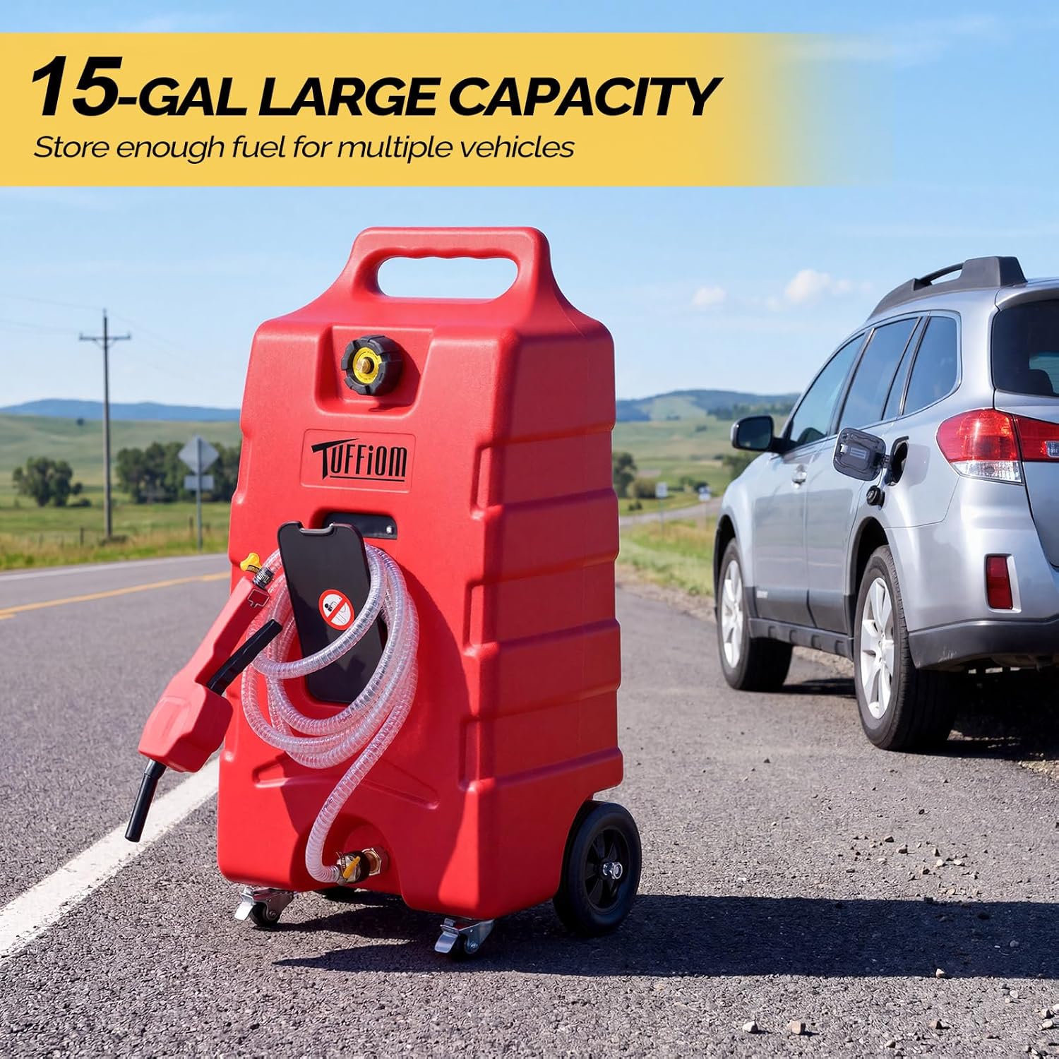 TUFFIOM 15 Gallon Portable Gas Caddy w/Locking Swivel Casters, Fuel Storage Tank, Gasoline Diesel Can with Manual Fuel Transfer Pump for Automobile ATV Mower Tractor Boat Motorcycle