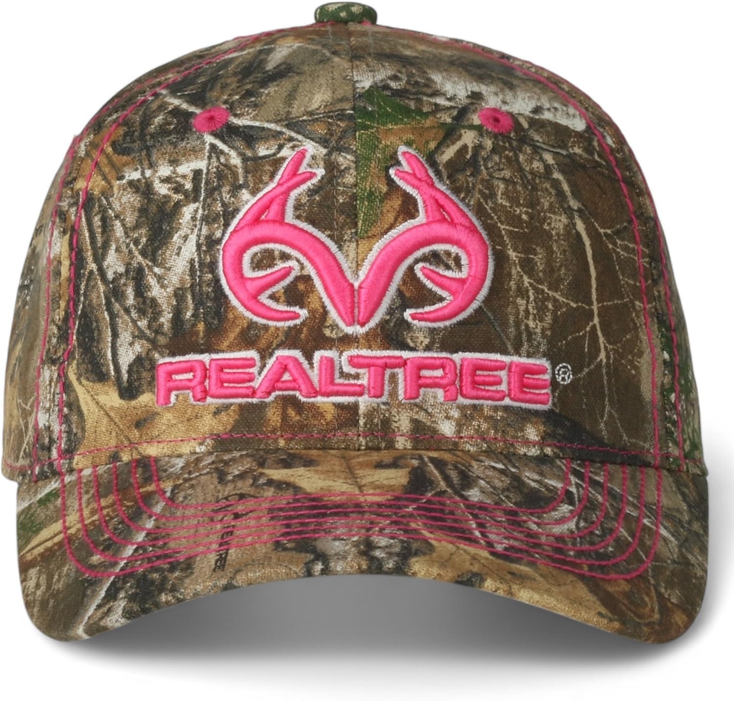 Realtree 3D Pink Antler Logo Hunting Camo Cap Hat Visor, RT Edge, Ladies Fit, Mid Profile Structured, Wicking Sweatband, Vel-cro Back