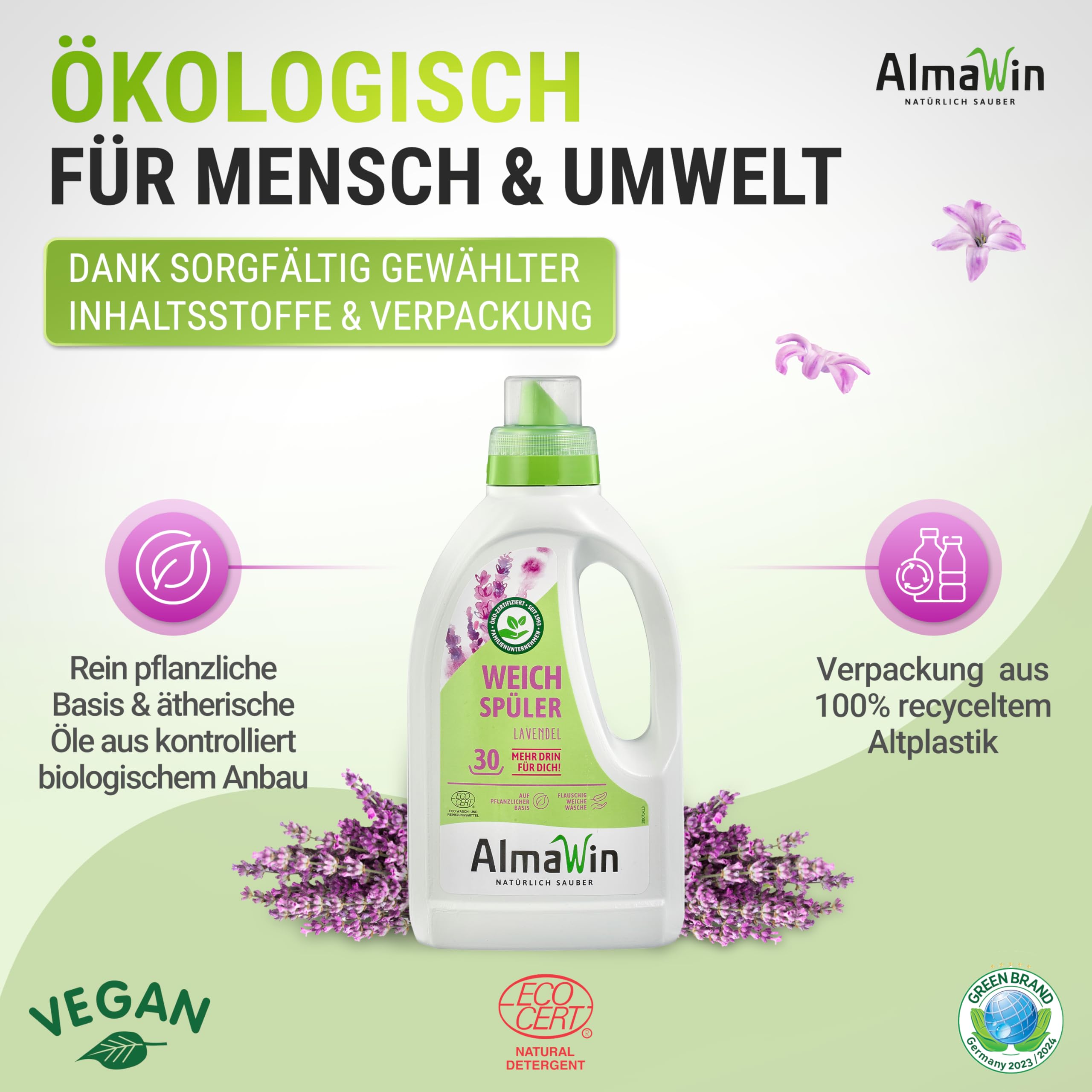 AlmaWin® Weichspüler mit Lavendel-Duft [6x 750ml - 180 Ladungen] für kuschelweiche Wäsche - Veganer Weichspüler Bio kombinierbar mit allen Waschmitteln - Flüssiger Weichspüler Öko Softener