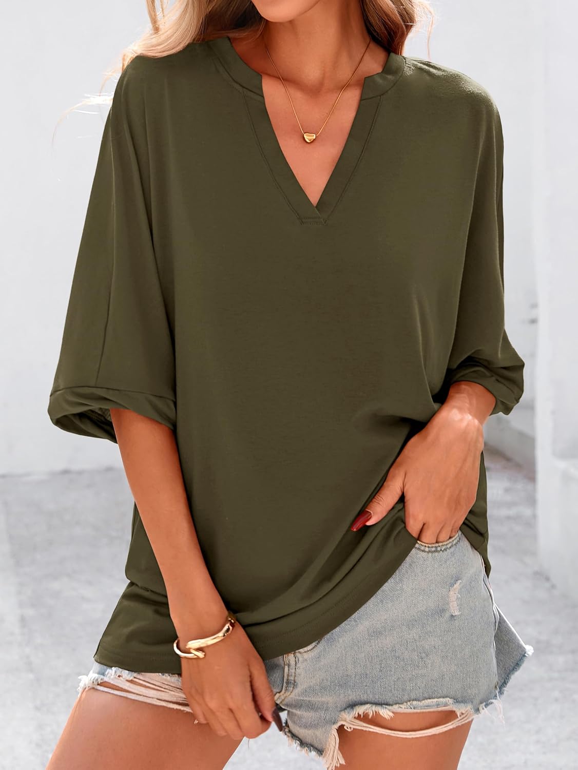 MASCOMODA Oversized T Shirts for Women V Neck Short Sleeve Casual Tops Summer Trendy Basic Tunic Loose Fit Tee Shirt - Image 2