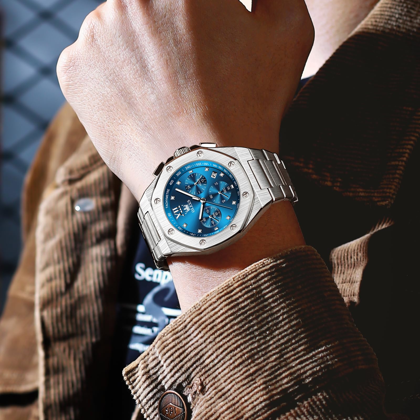 OLEVS Edelstahl Herren Armbanduhr Wasserdicht Leuchtend Großes Zifferblatt Uhren Herren mit Datumsanzeige Schicke Geschenke für Männer
