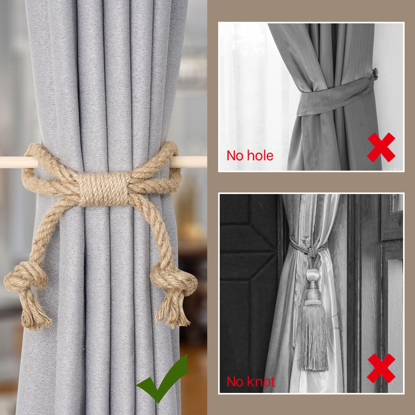 Pretty Jolly 2 Pack Natural Jute Rope Curtain Tiebacks Boho Rustic Style Decorative Drape Tie Backs Farmhouse Hand-Woven Curtain Holdbacks with Wood Club for Home & Office Drapery (Jute knot) - Image 2