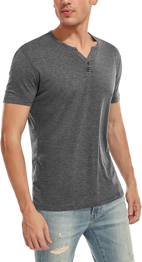 Maglietta Uomo Henley Manica Corta - In Cotone Elastico, Scollo A V Con Bottone - Foto 8
