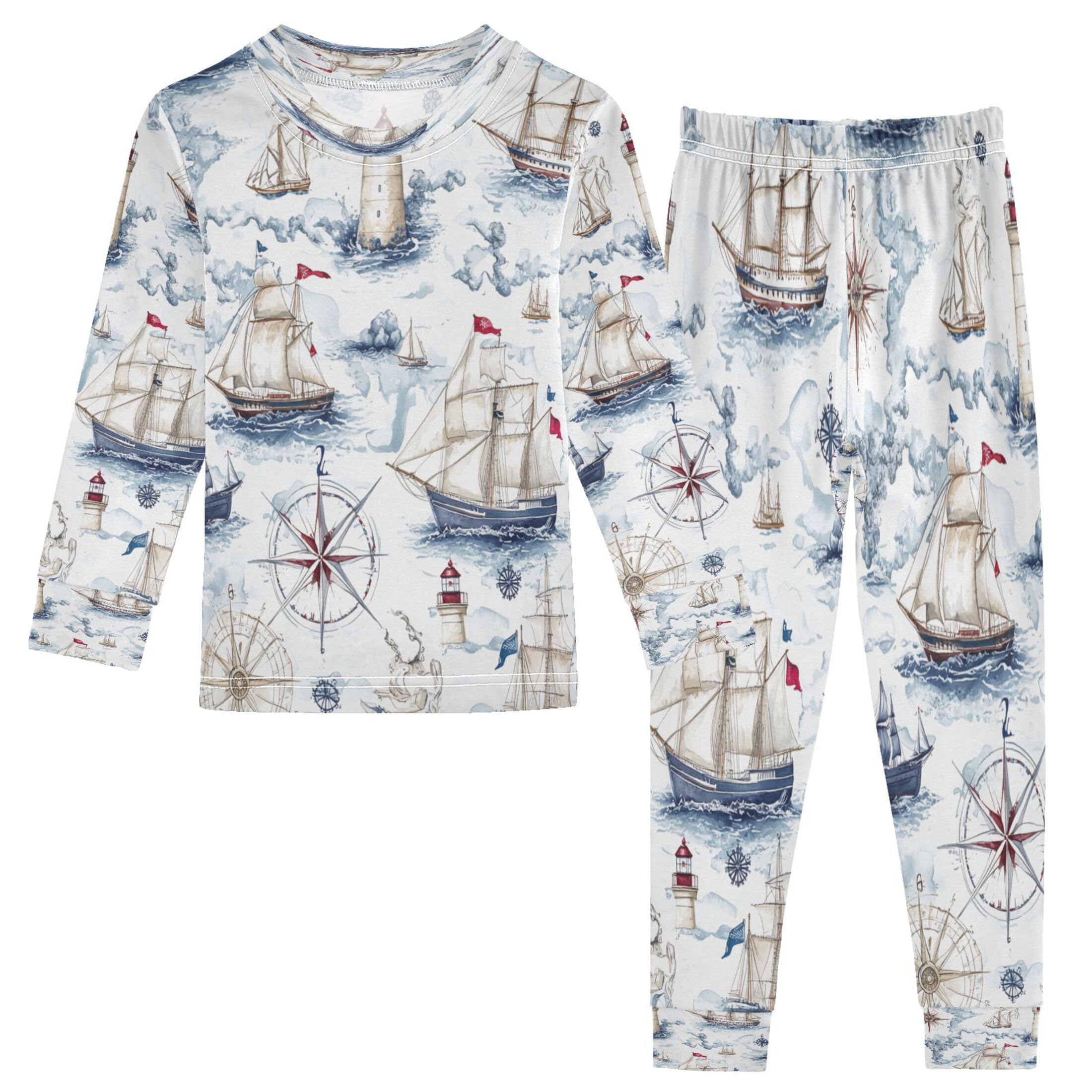 Vozoza Sea Map Nautical Pajama Sets Long Sleeve Top with Pants Cotton Soft Sleepwear 2 Piece Pjs Set Size 5T Multicolor