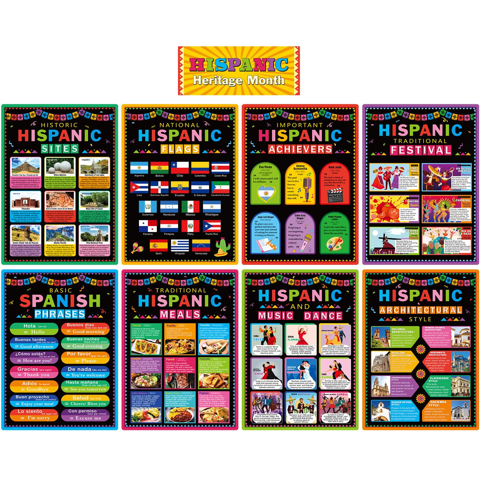 Outus 9 Pcs Hispanic Heritage Month Posters - Hispanic Culture Classroom Posters Set - Bulletin Board Decorations for Latin American Spanish School Classroom Office Wall Decor