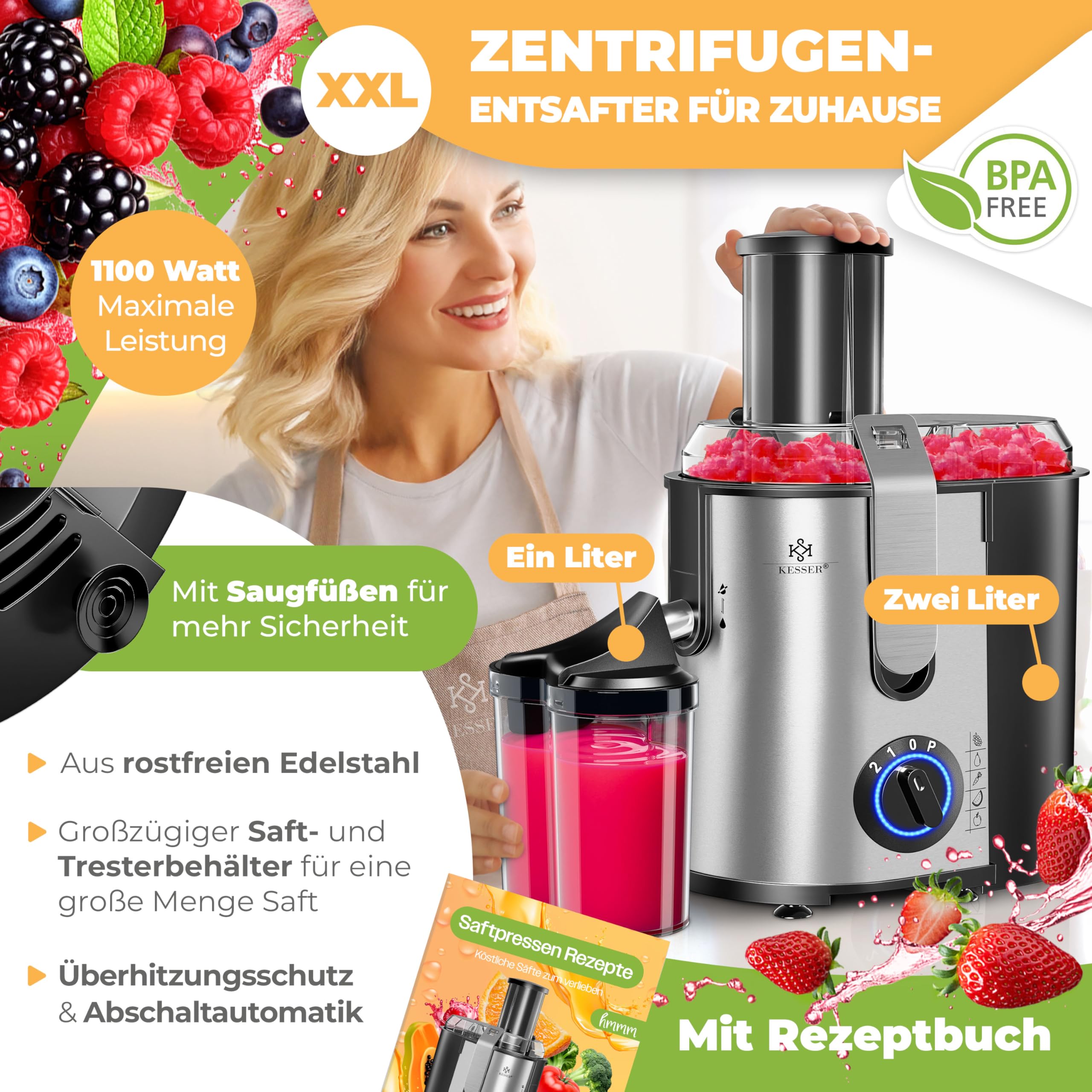 KESSER Zentrifuge Entsafter 1100W Edelstahl, Große Fütterungsröhre, 3 Stufen, Elektrische Saftpresse, Grau/Silber