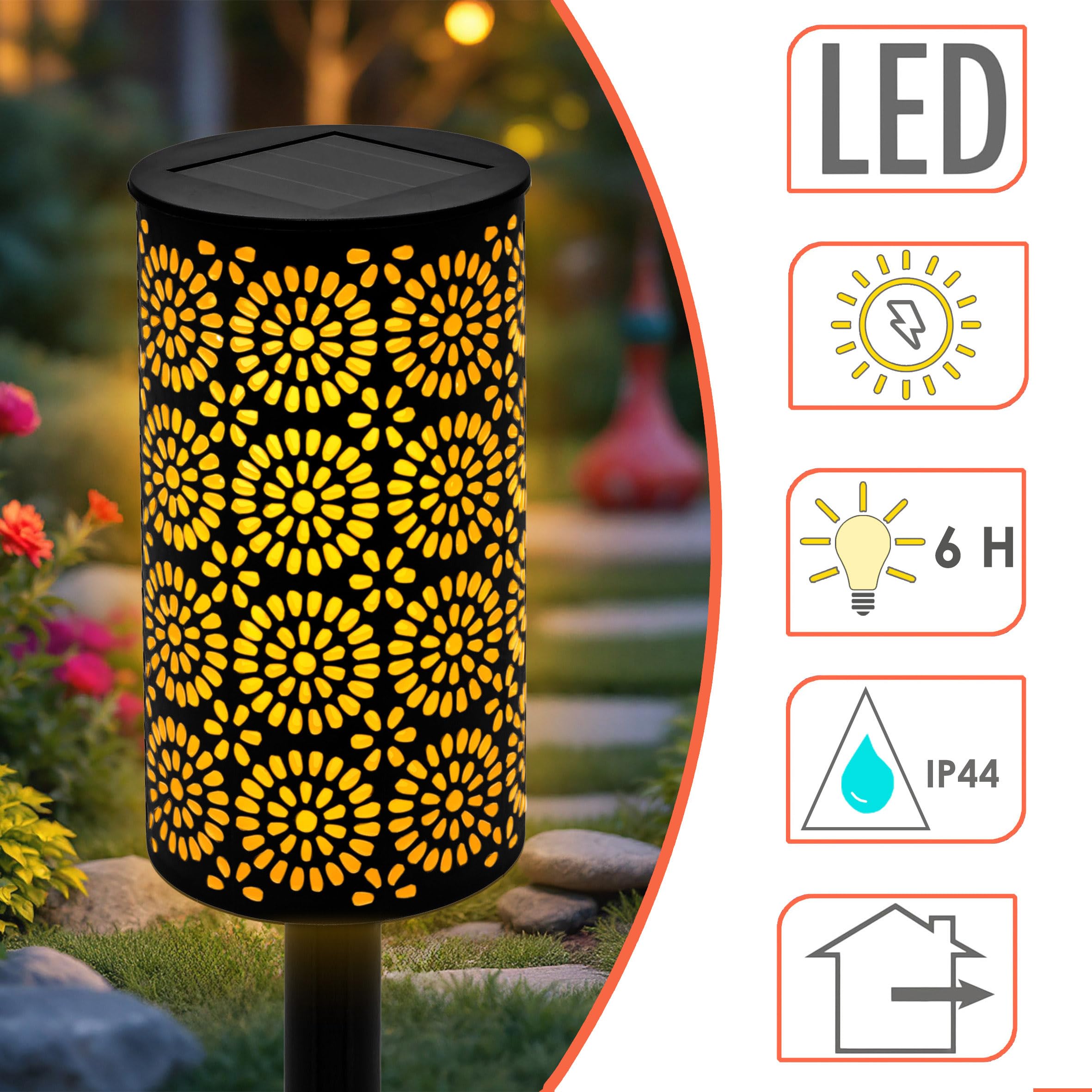 LED Solar Gartenfackel mit Blumen Muster 49 x 7 cm - 12er Set - Wegeleuchte mit realistischem Flammeneffekt - Solarleuchte Gartenlicht Außenleuchte Deko Beleuchtung solarbetrieben für Außen Terrasse