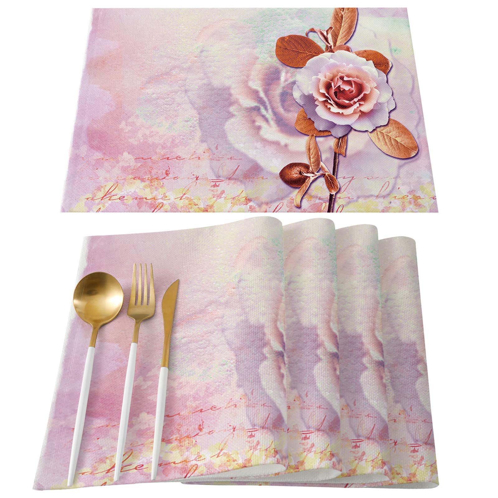TweetyBed Valentine's Day Placemats Rose Flower Tablemats for Dinner Table Vintage Blossom Valentine's Day Valentines Table Mats Non-Slip Washable Heat Resistant, Set of 4