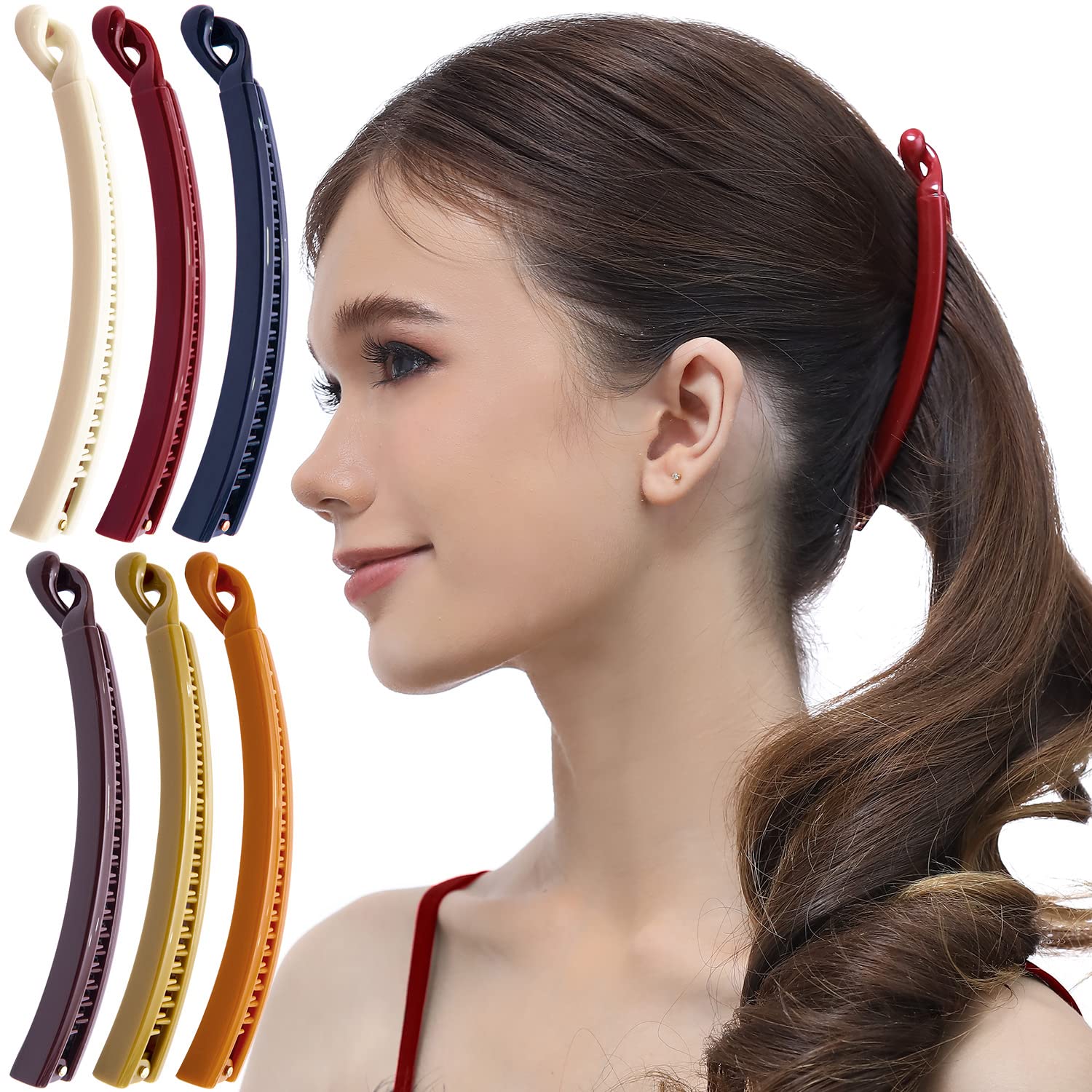 RC ROCHE ORNAMENT 6 Pcs Womens French Clutcher Slim Thin Banana Hair Clip Ponytail Maker Barrette Inner Teeth Secure Clasp Lock Strong Grip Cute Beauty Fashion Accessory, Large Classic Multicolor