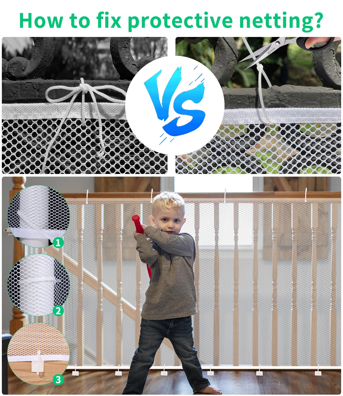 Red de Seguridad Infantil, Red de Seguridad Niños para Escaleras, Barandillas y Vallas, Red de Seguridad para Balcones robustas y Ajustable para niños, Mascotas y Juguetes, 300 x 90 cm, Blanco