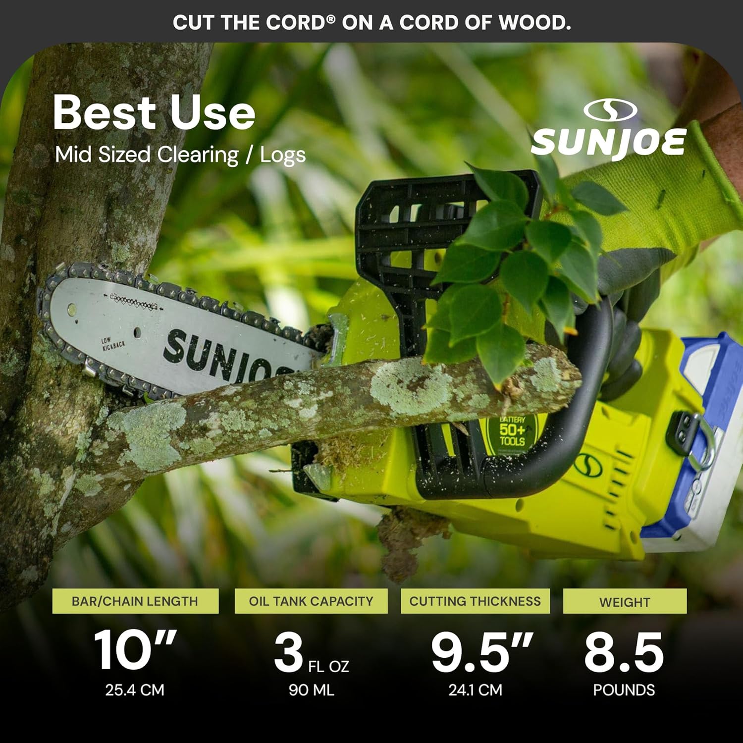 Sun Joe Cordless Chain Saw Machine, Battery and Charger, Wood Cutting Tool Kit, 10 Inch, 600W Motor - Heavy-Duty Trimming Equipment for Tree Trunks, Limbs, Logs, Brush, and Branches, 24V-10CS