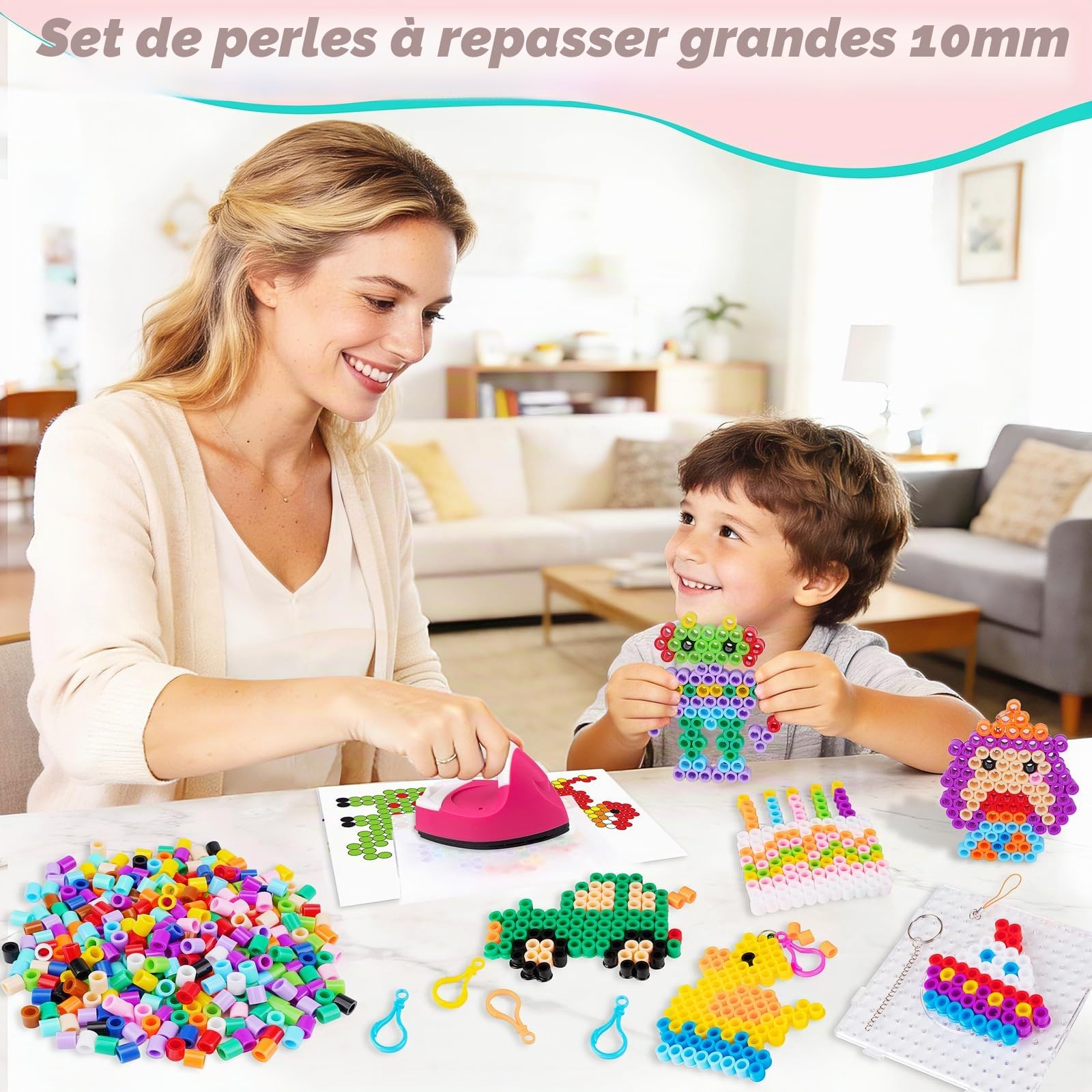 JelyArt Kit Perles à Repasser Enfant – 1500+ Perles XXL 10mm avec Fer à Repasser pour Perles & Modèles – Loisir Créatif Hama Beads Style pour Filles et Garçons dès 3 Ans