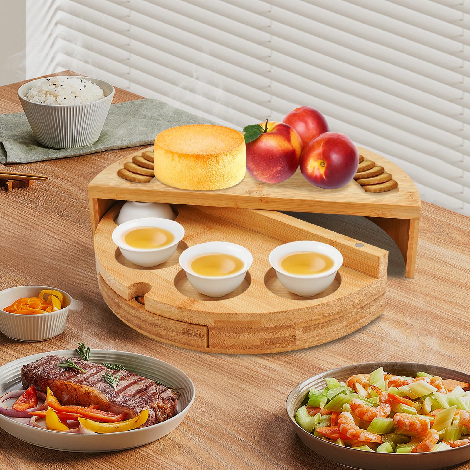 Ensemble de planches à fromage rondes en bambou avec couteaux à fromage et 4 bols en céramique, plateau de service rotatif de 32,5 cm, planche de service durable pour charcuterie, plateau à fromage