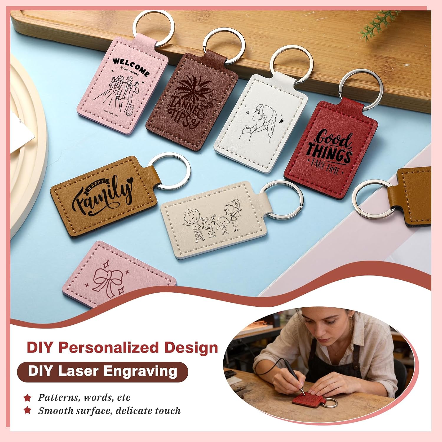 30 Pcs Leather Key Fob Kit, 6 Colors Leather Keychain Blanks, Rectangular PU Key Chain Blanks with Keychain Rings for DIY Laser Engraving, Stamping Crafts Leather Working