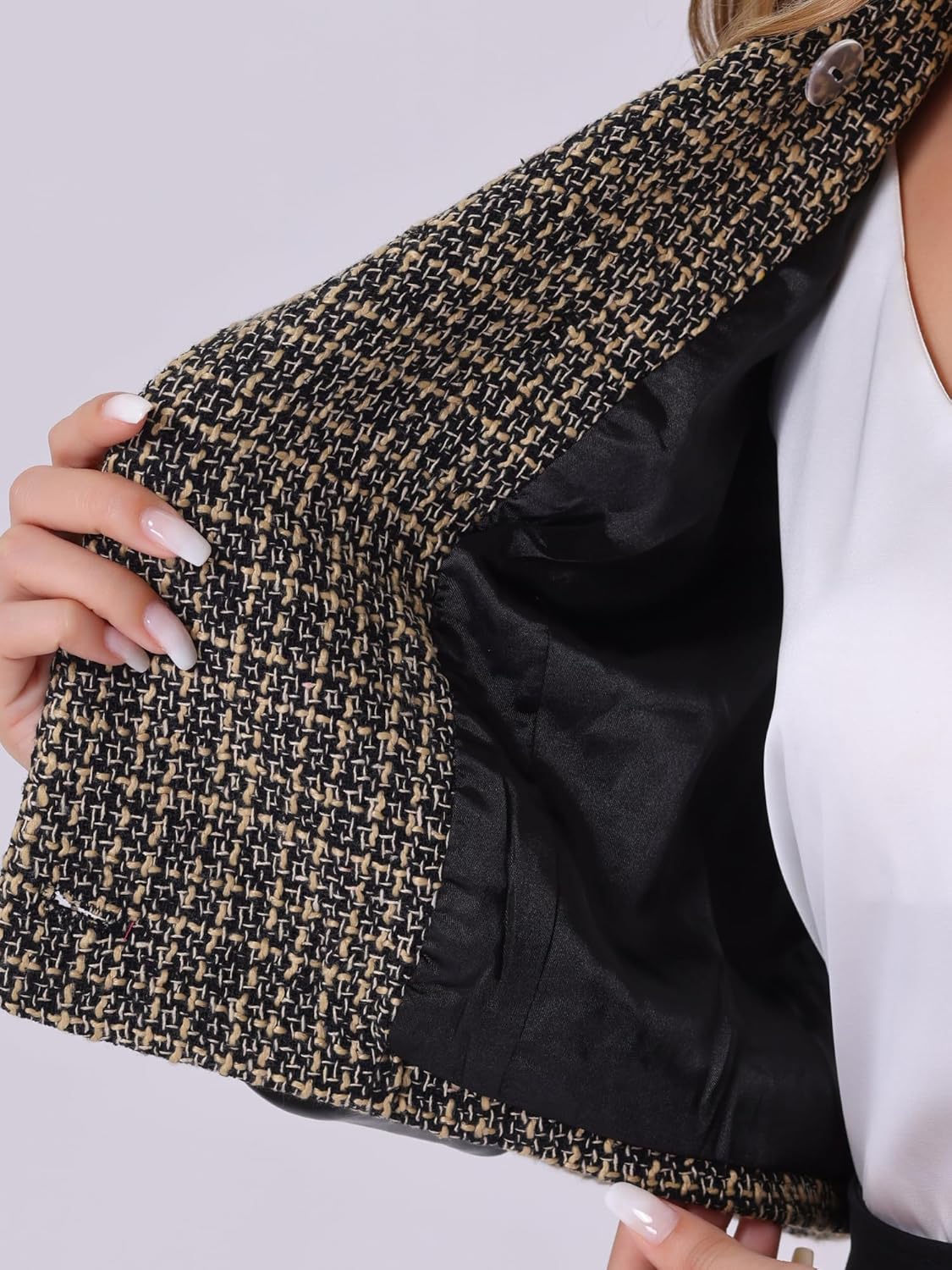 Allegra K Tweed Plaid Blazer for Women's Contrast Collar Double Breasted Vintage Cropped Jackets - Image 5