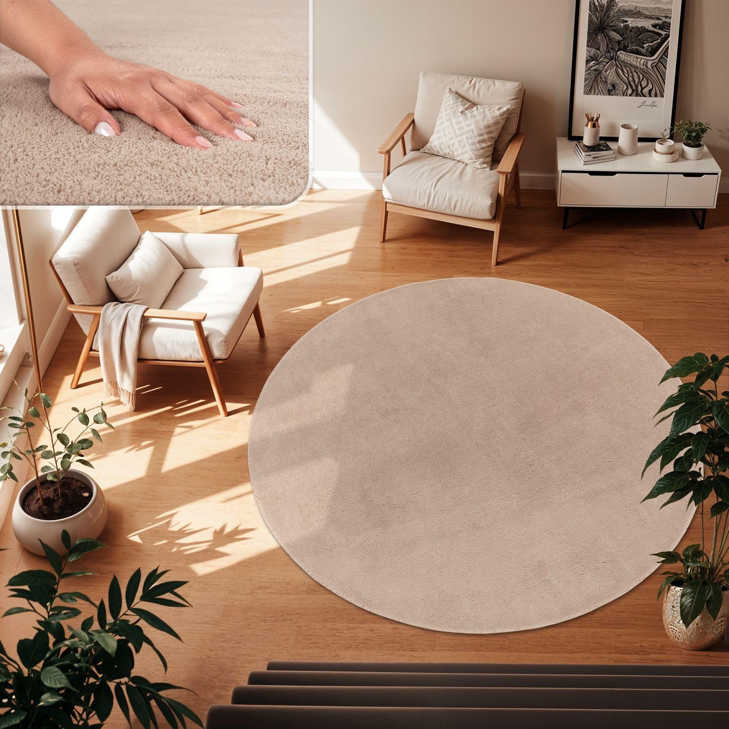 TT Home Wohnzimmer Teppich Kurzflor Anti-Rutsch Rückseite Unifarben Modern Waschbar, Farbe: Beige, Größe:160 cm Rund