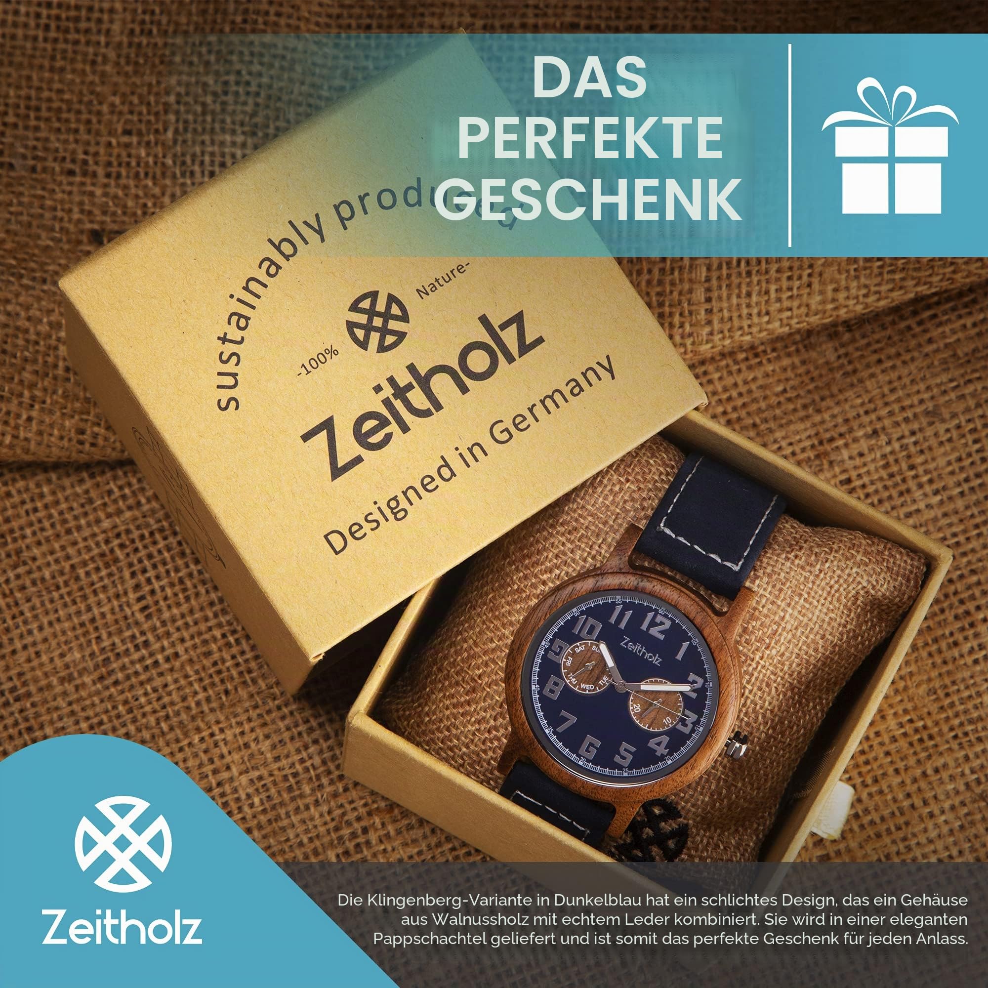 Holzuhr für Herren - Modell Klingenberg, handgefertigt aus 100% natürlichem Walnuss mit Quarzwerk - Leichte analoge Uhr mit Holzmaserung für Ihn