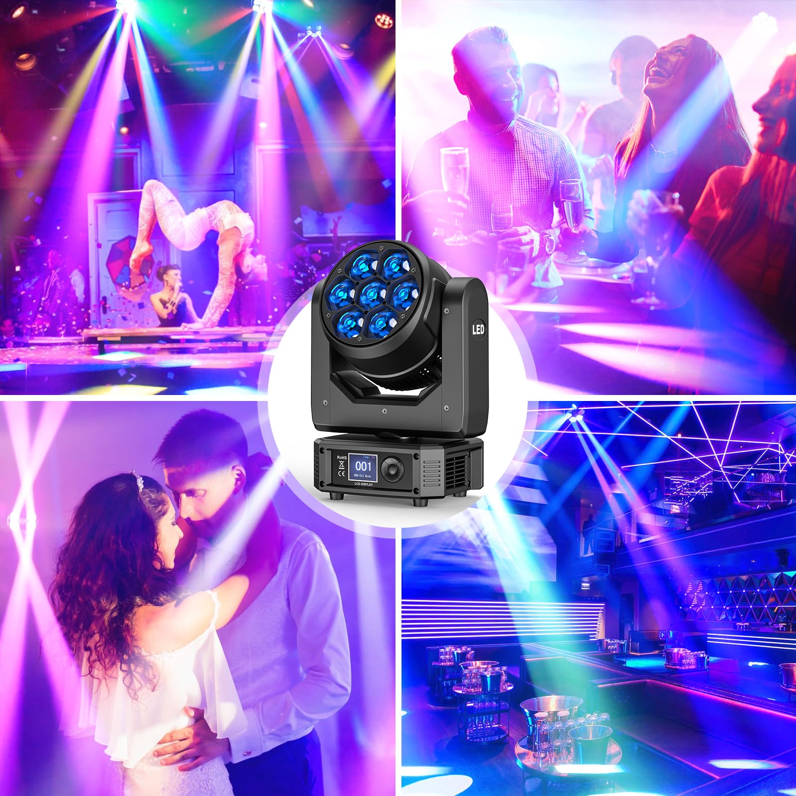 7X40W Teste Mobili LED RGBW Luci Discoteca Beam Funzione Zoom Effetto Luce Discoteca per Natale Feste Concerti Matrimoni Discoteca Eventi Bar Club