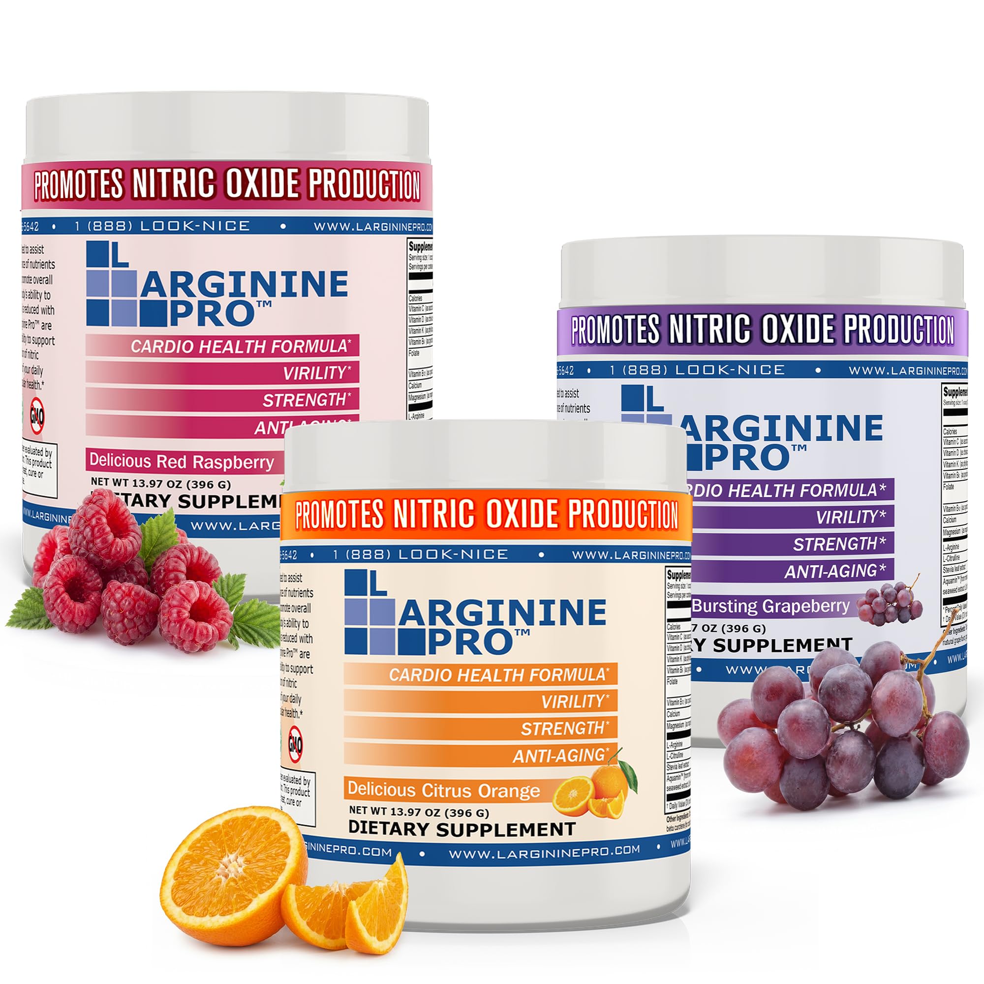 | 5,500mg L-Arginine Plus L-Citrulline 1,100mg Raspberry, Orange & Grape Powder Drink Mix Supplement for Increased Nitric Oxide Production